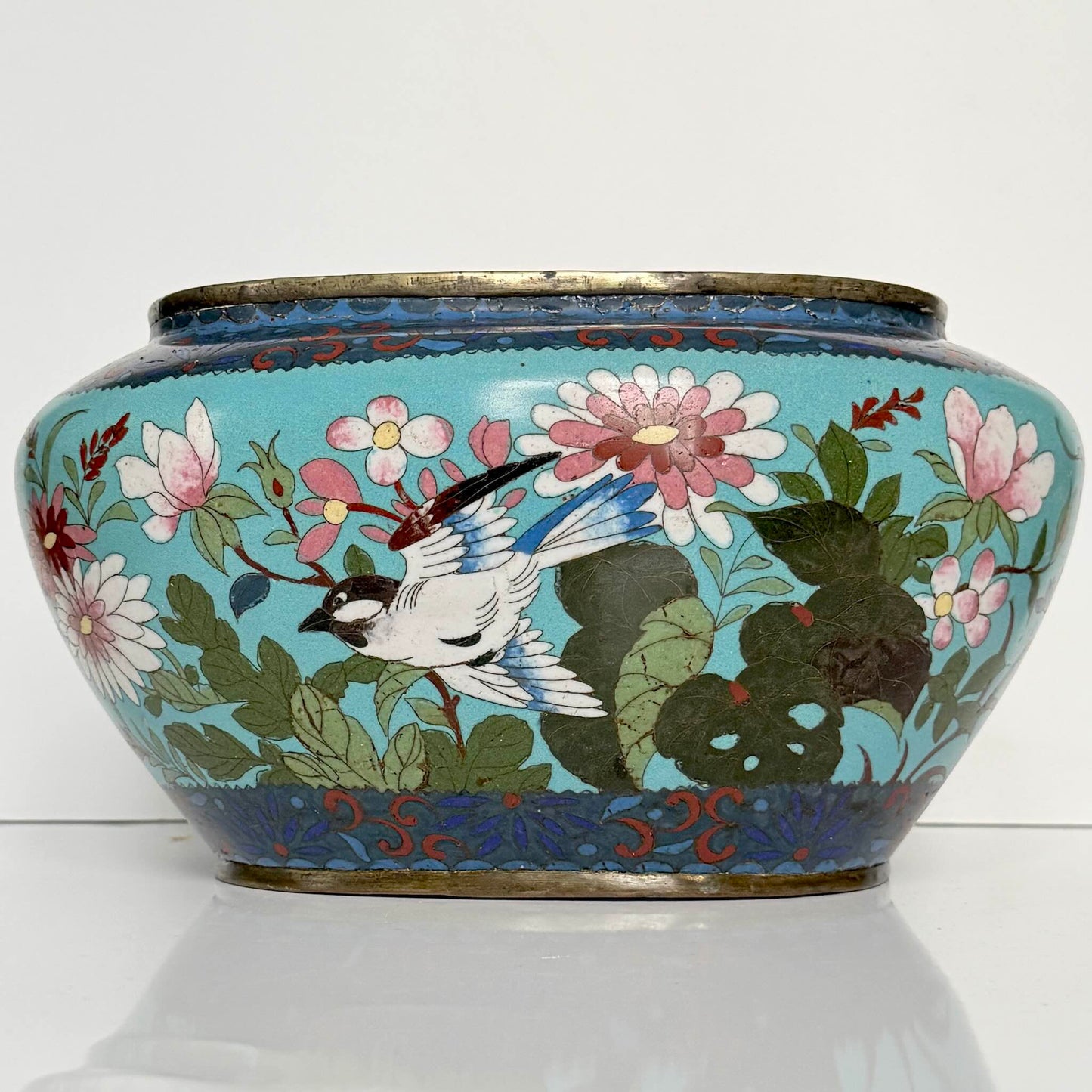 Antique Chinese Cloisonné Enamel Jardinière – Turquoise, Birds & Butterflies