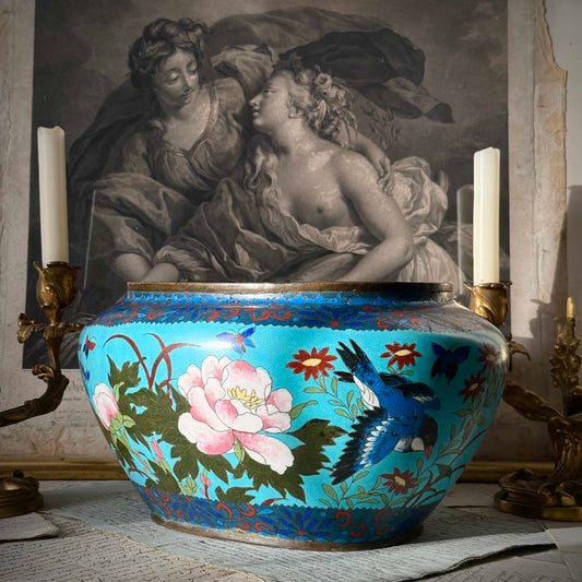 Antique Chinese cloisonné enamel jardinière, turquoise blue background with birds and butterflies, late 19th century.