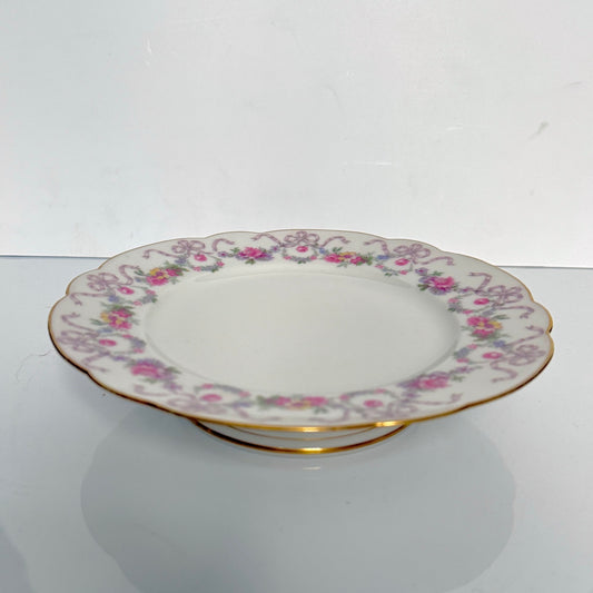 Antique Limoges porcelain footed cake stand, floral garlands and ribbons, D&C Old Bernardaud, late 19th century France.
