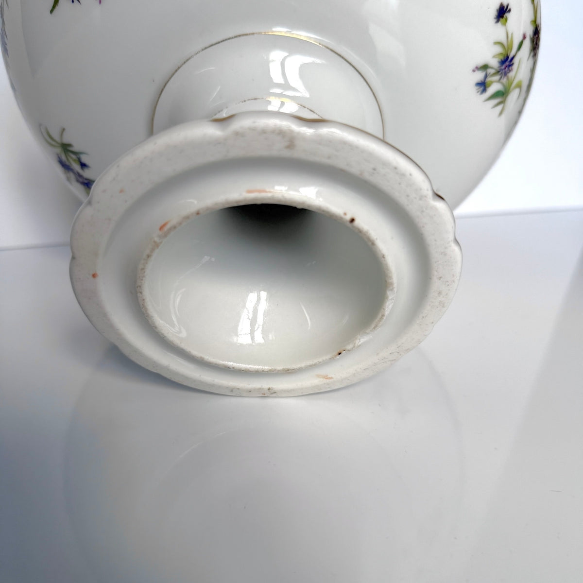 Antique French Porcelain Pedestal Fruit Bowl – Hand-Painted Cornflowers