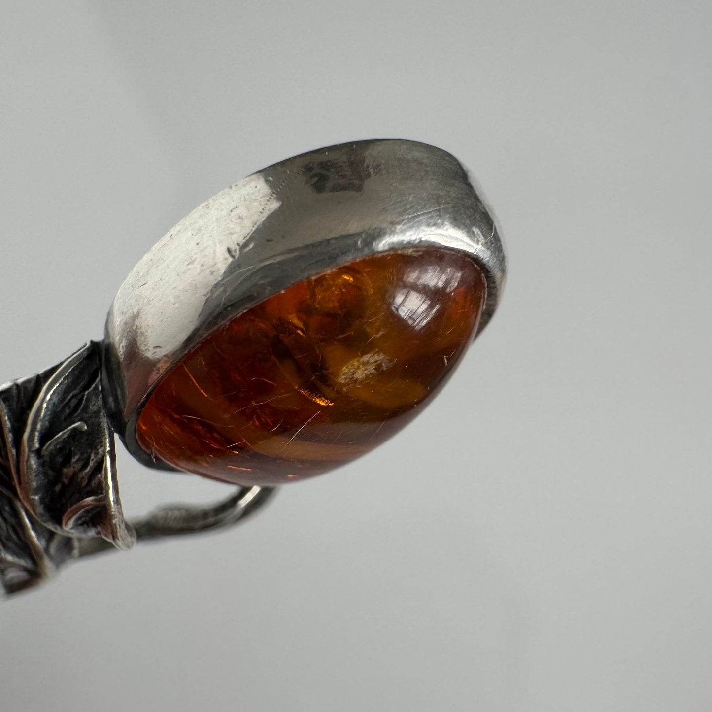 Art Nouveau Style Silver Spoon with Amber | Delicate Leaf Motif | Late 19th Century to Present