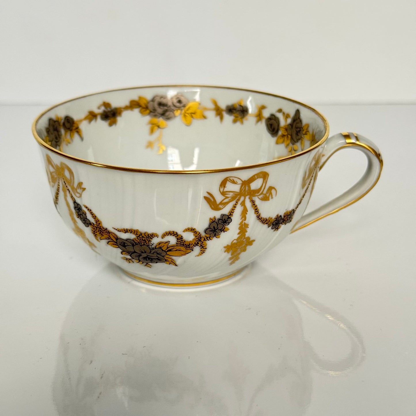 Pair of Bernardaud Tea Cups & Saucers | Ribbon and Floral Garland Motif | Vintage Limoges Porcelain