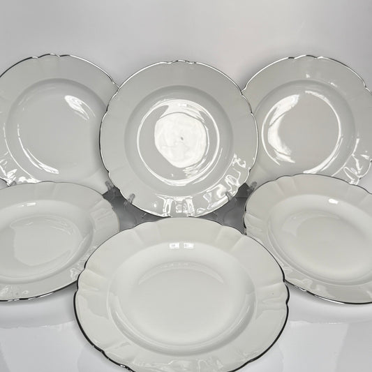 Set of six Limoges white porcelain soup plates with platinum rim by Charles Field Haviland, decorated by Porcelainor Paris, mid-20th century