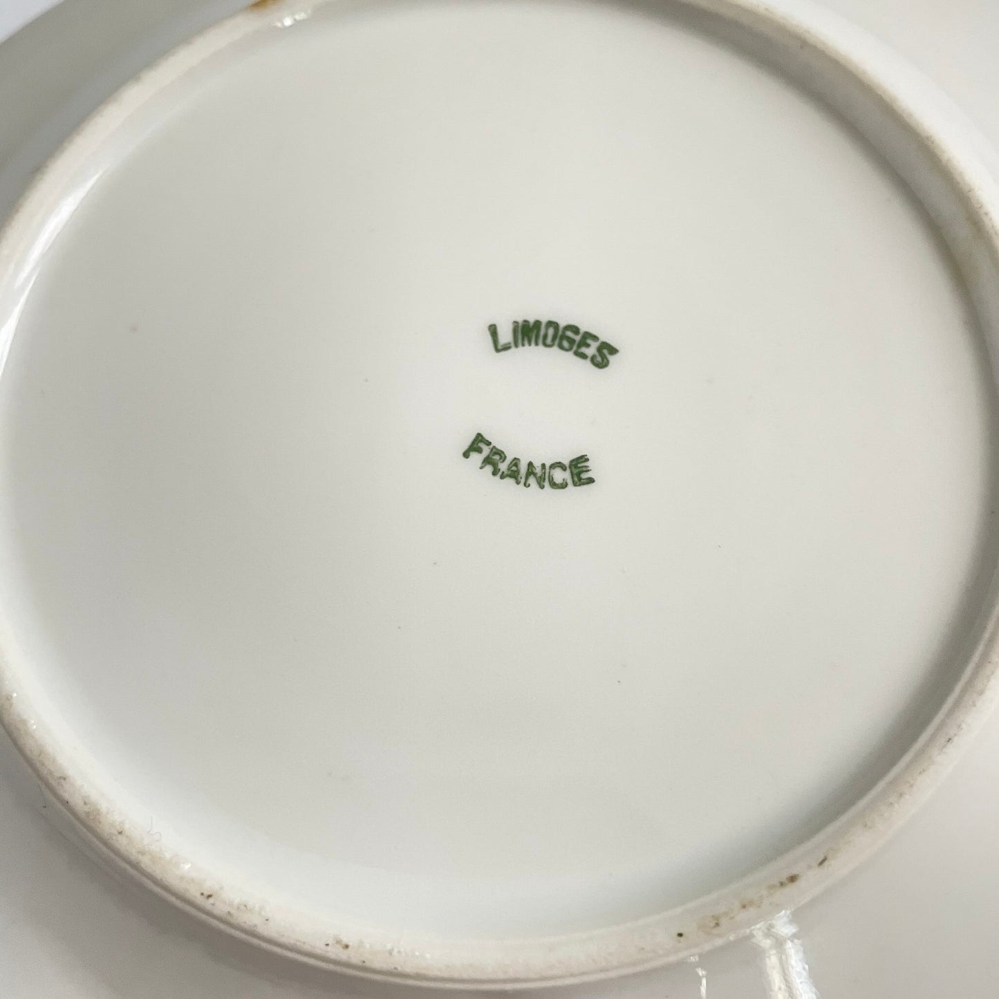 Pair of antique French Limoges porcelain dessert plates, 20th century. Delicate pink rose pattern on the rim, classic and elegant design.