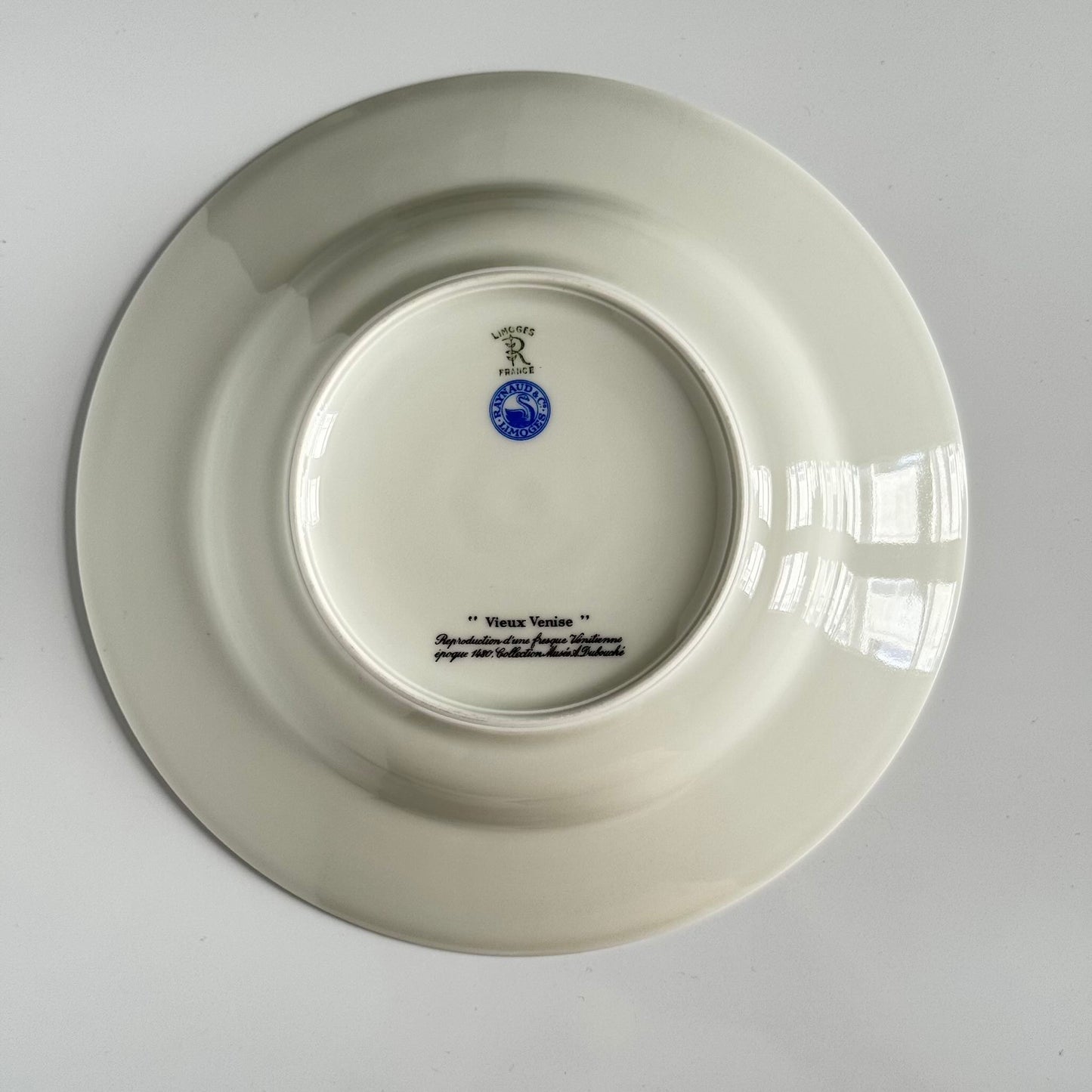 Raynaud Limoges Porcelain Soup Plate | Ribbon and Floral Motif | Mid-20th Century | Vieux Venise