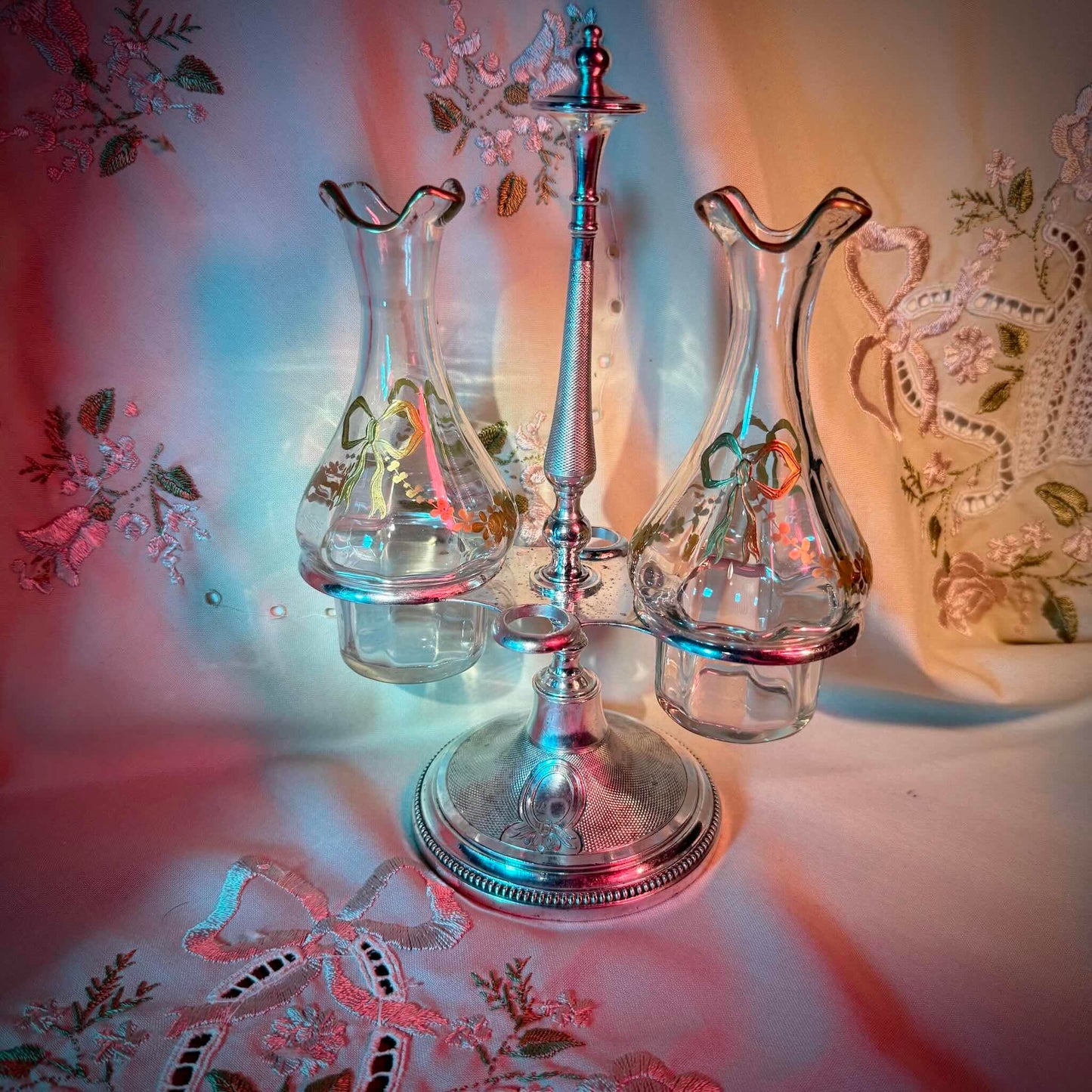 Silver Plate Cruet Set by Armand Frénais | Crystal with Gilt Ribbon & Floral Motifs | Late 19th – Early 20th Century
