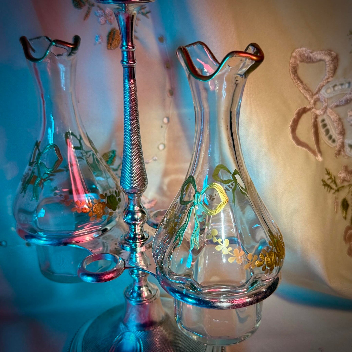 Silver Plate Cruet Set by Armand Frénais | Crystal with Gilt Ribbon & Floral Motifs | Late 19th – Early 20th Century