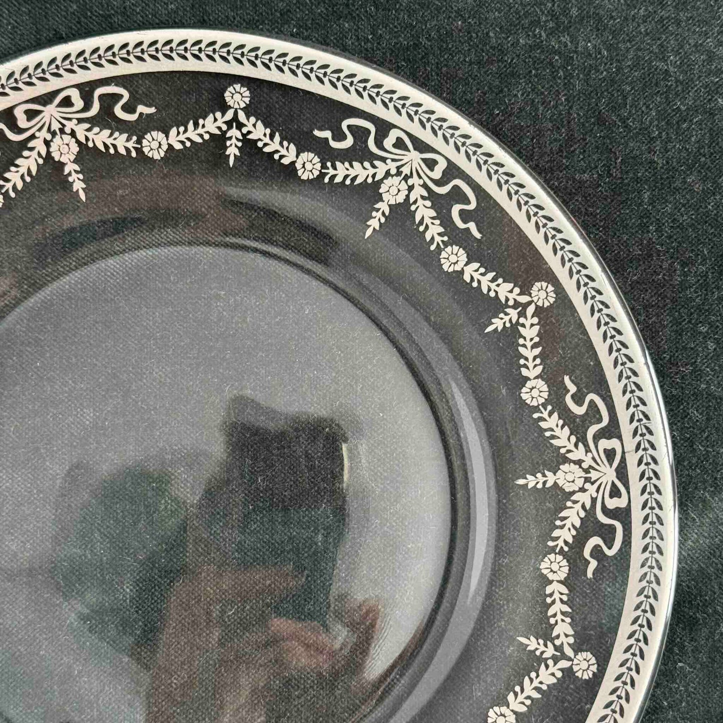 Vintage Glass Dessert Plate with Silvered Ribbon and Garland Motif