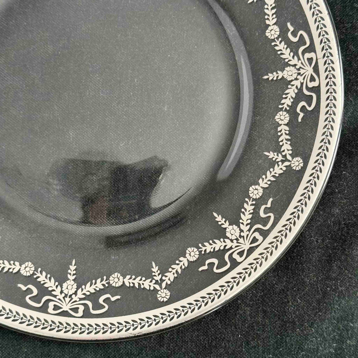 Vintage Glass Dessert Plate with Silvered Ribbon and Garland Motif