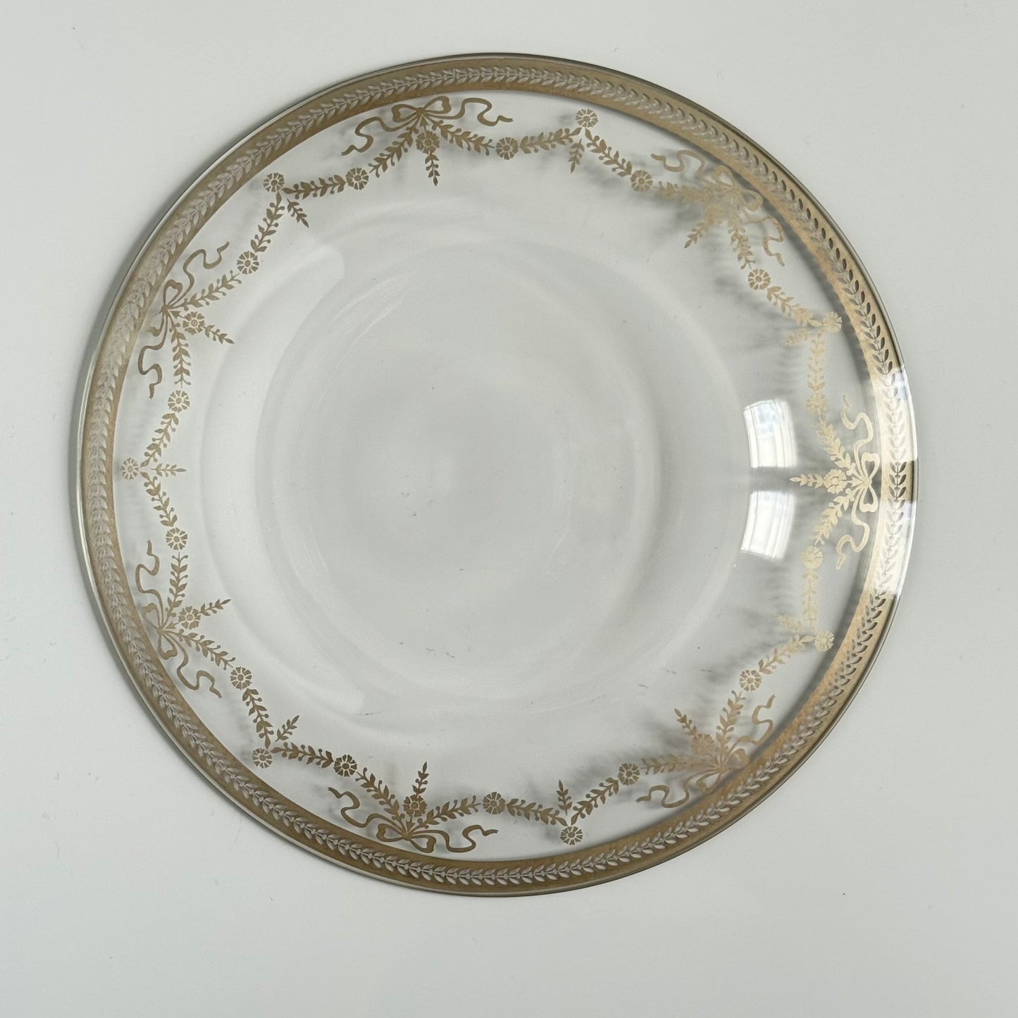 Vintage Glass Dessert Plate with Silvered Ribbon and Garland Motif