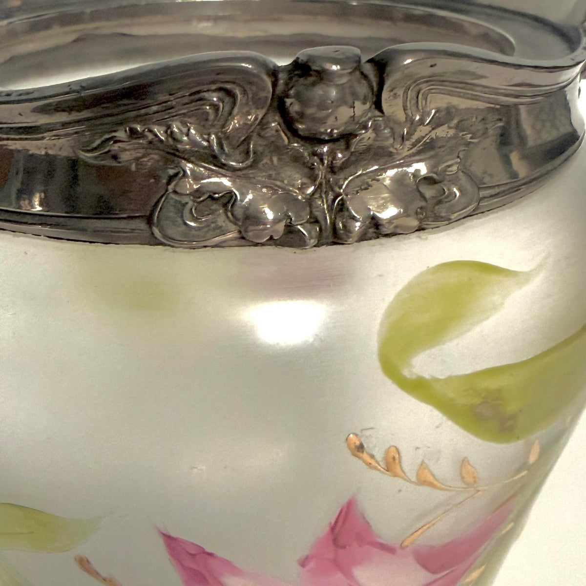 Antique Art Nouveau Biscuit Barrel – Frosted Glass & Floral