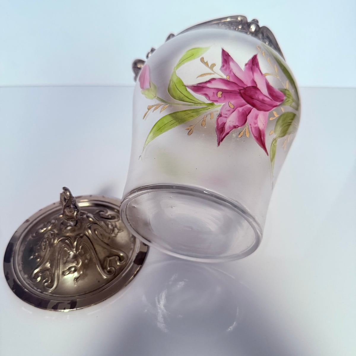 Antique Art Nouveau Biscuit Barrel – Frosted Glass & Floral