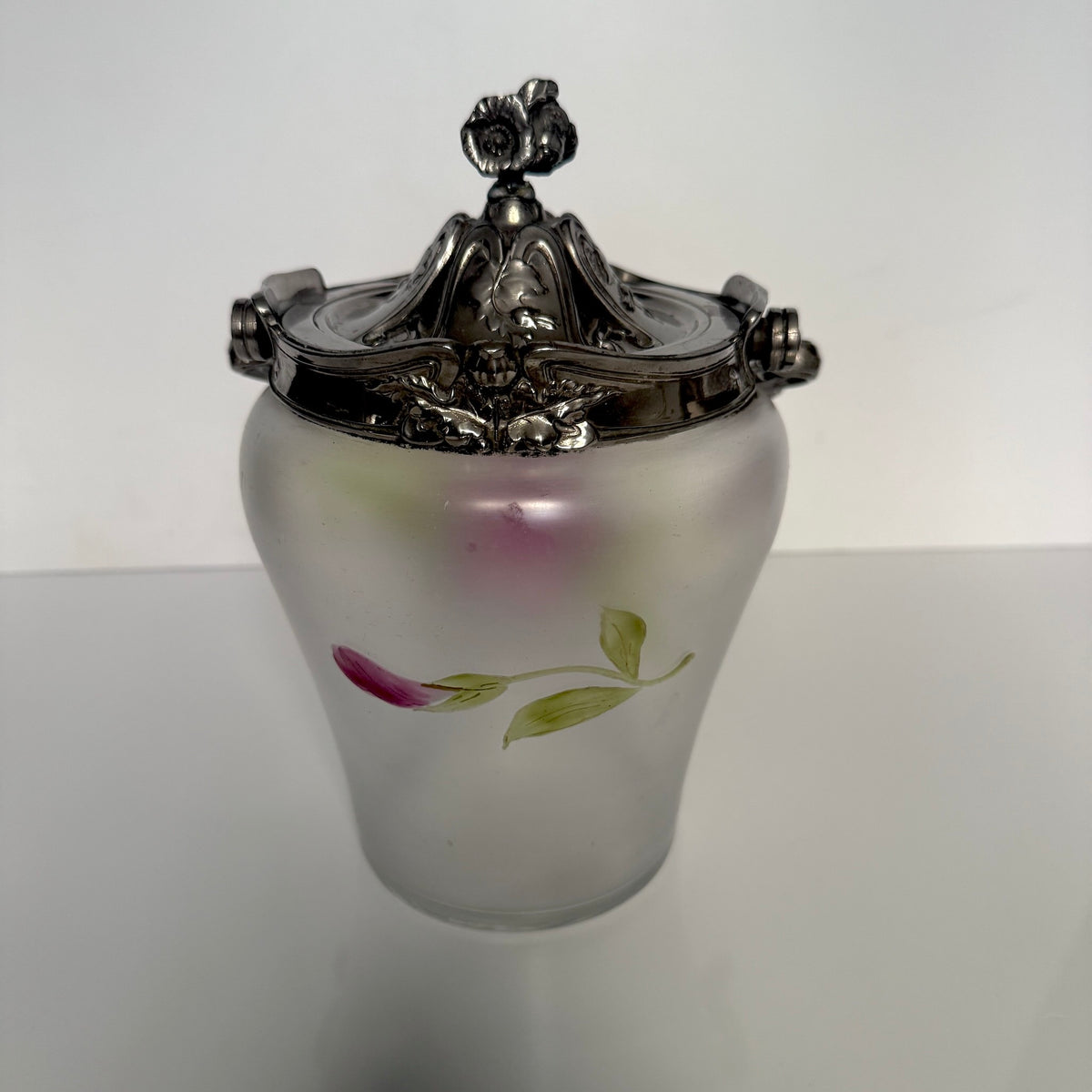 Antique Art Nouveau Biscuit Barrel – Frosted Glass & Floral