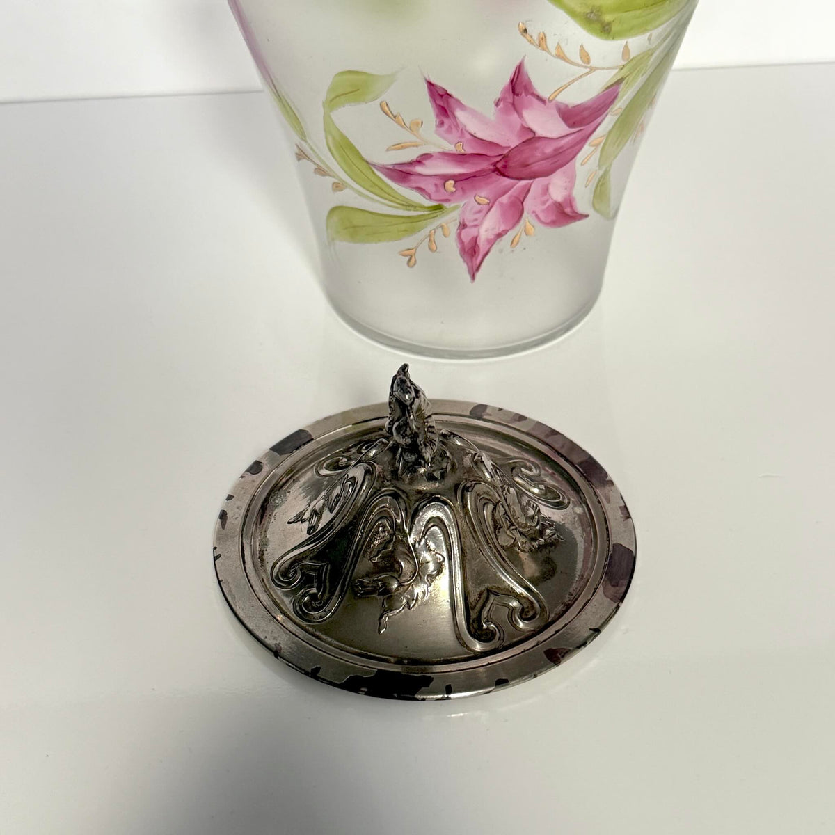 Antique Art Nouveau Biscuit Barrel – Frosted Glass & Floral