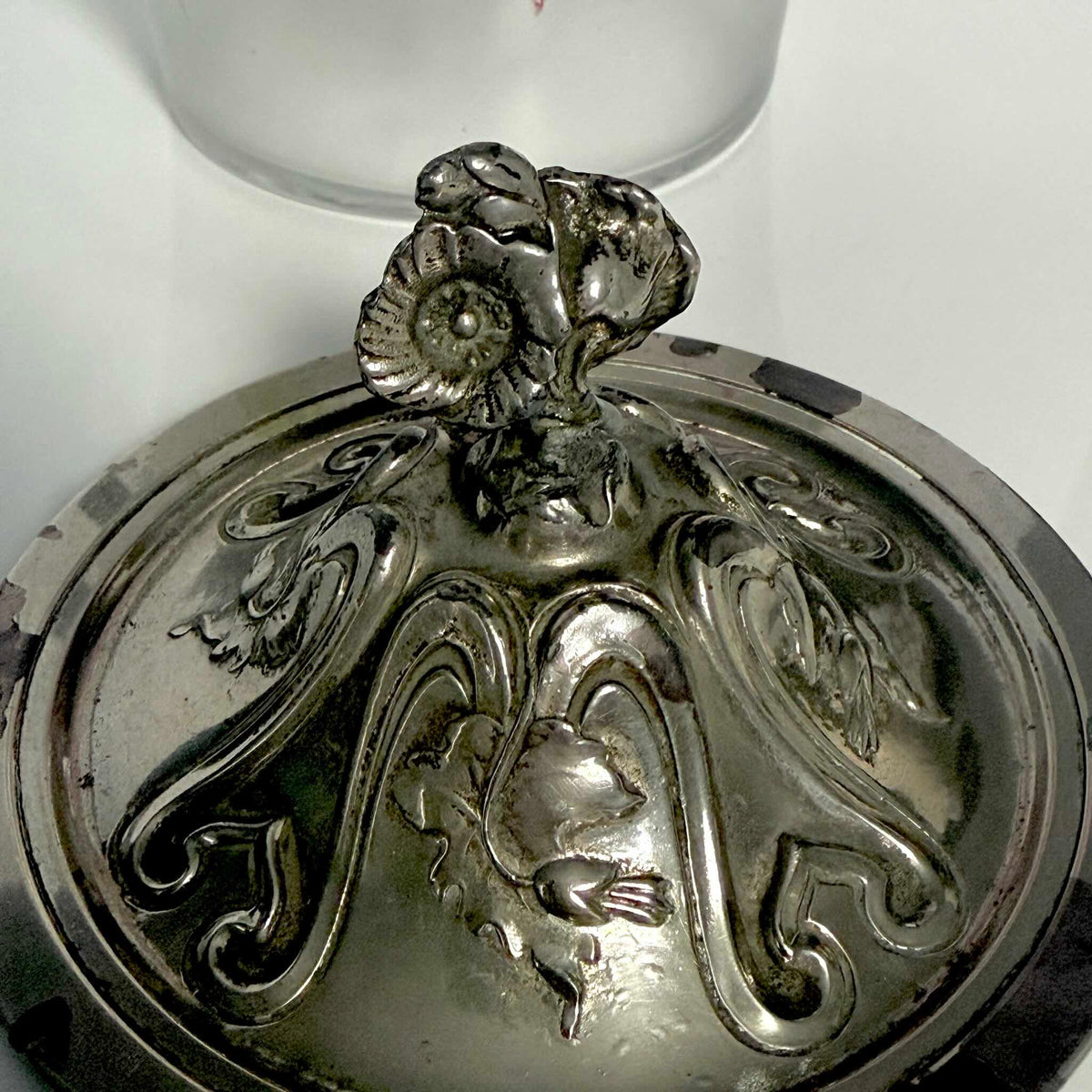 Antique Art Nouveau Biscuit Barrel – Frosted Glass & Floral