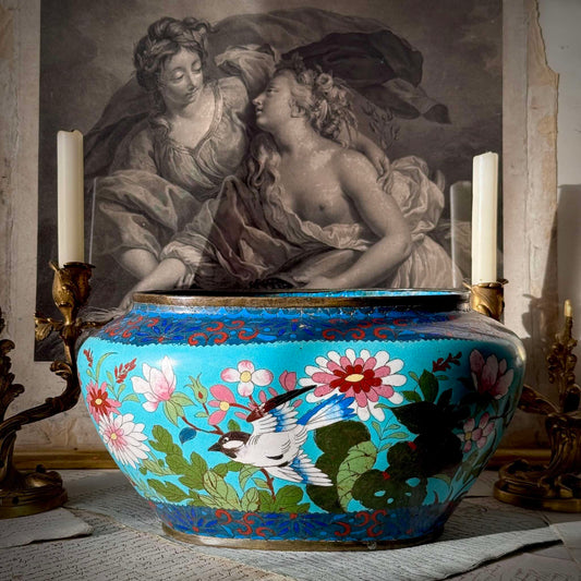 Antique Chinese cloisonné enamel jardinière, turquoise blue background with birds and butterflies, late 19th century.