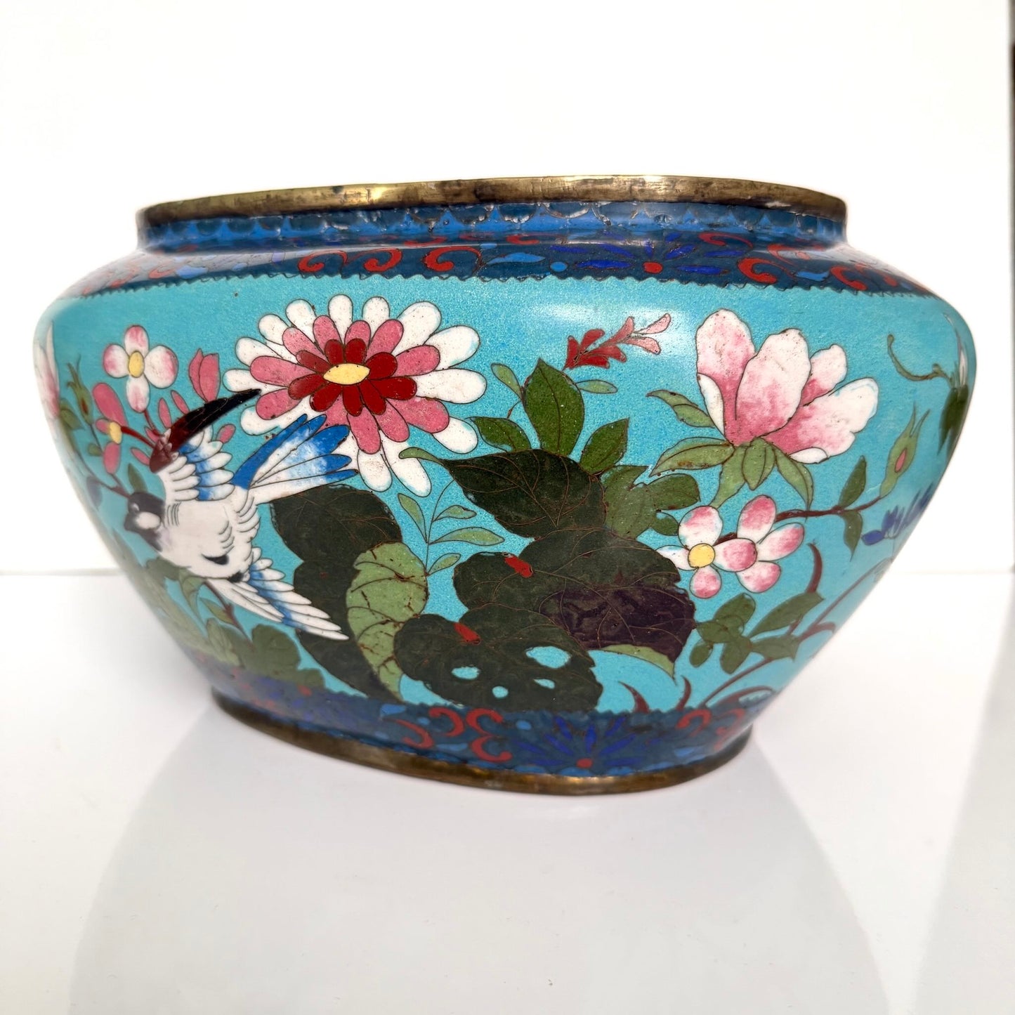 Antique Chinese Cloisonné Enamel Jardinière – Turquoise, Birds & Butterflies