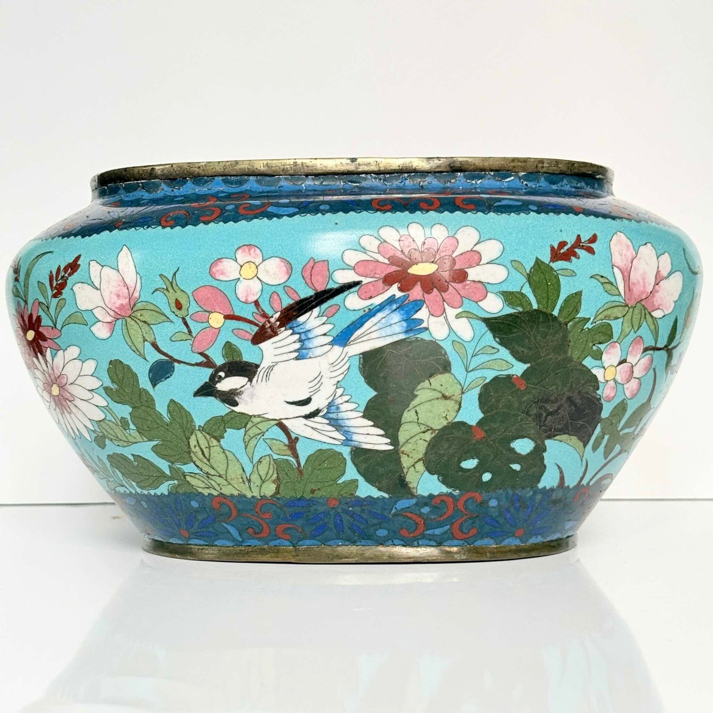 Antique Chinese Cloisonné Enamel Jardinière – Turquoise, Birds & Butterflies