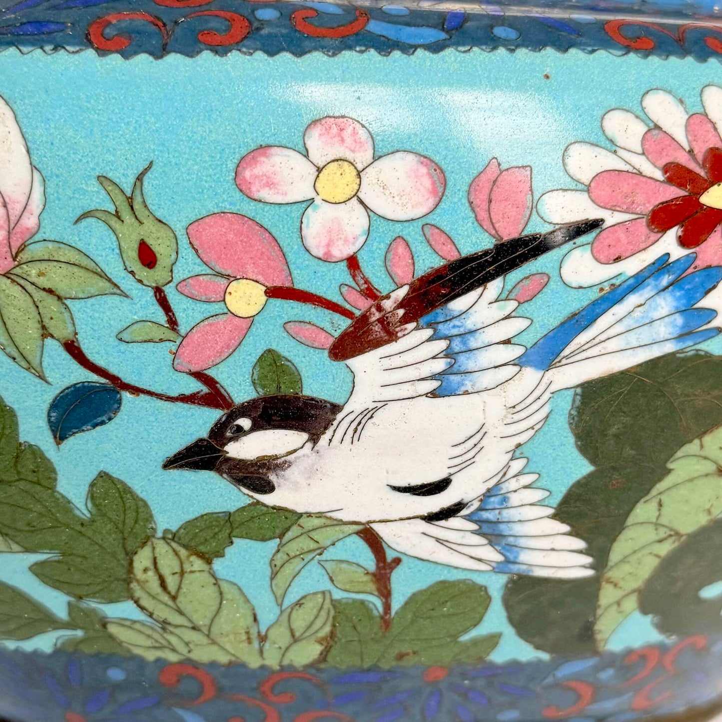 Antique Chinese Cloisonné Enamel Jardinière – Turquoise, Birds & Butterflies