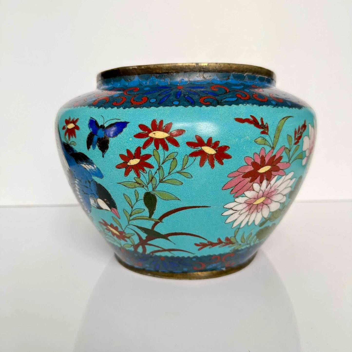 Antique Chinese Cloisonné Enamel Jardinière – Turquoise, Birds & Butterflies