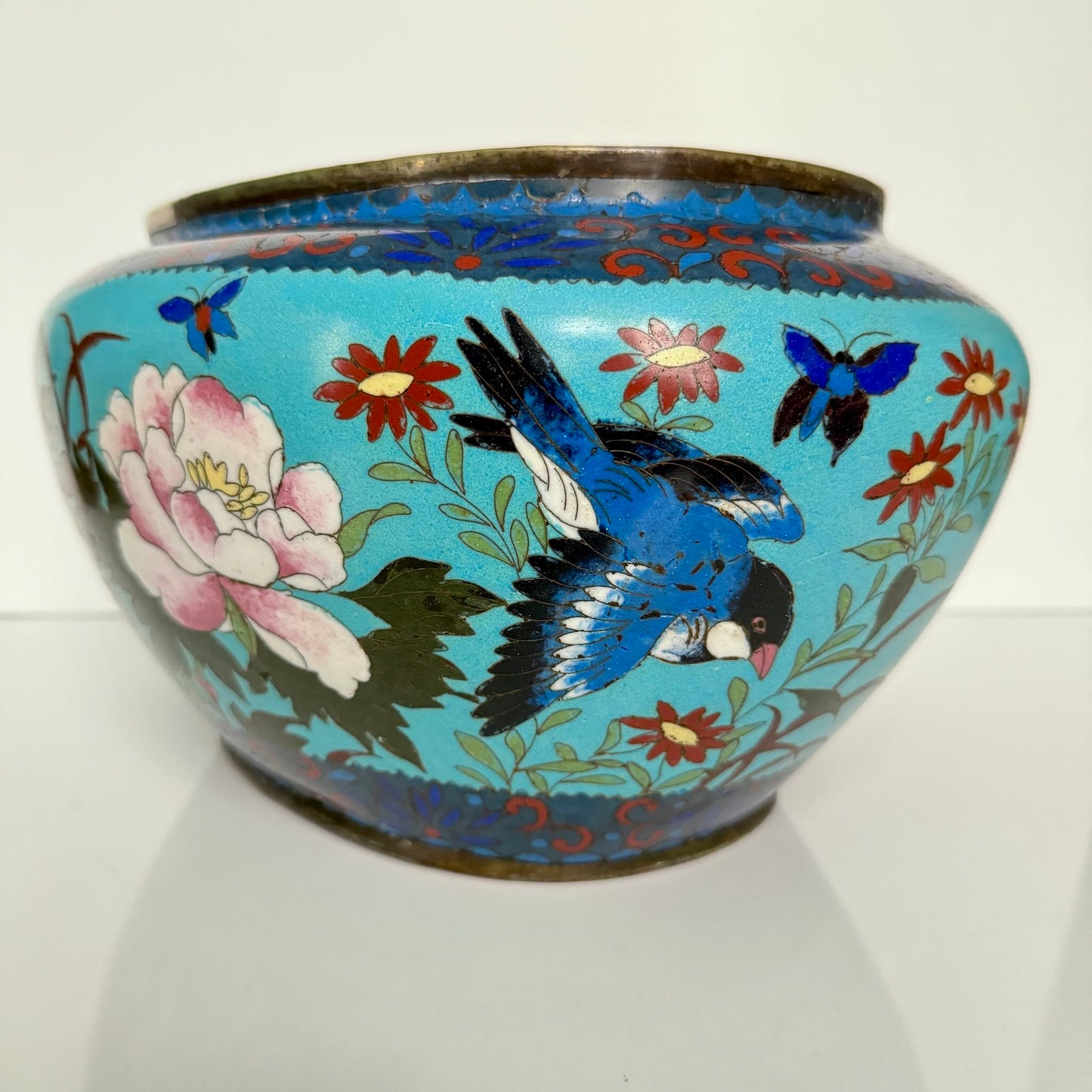 Antique Chinese Cloisonné Enamel Jardinière – Turquoise, Birds & Butterflies