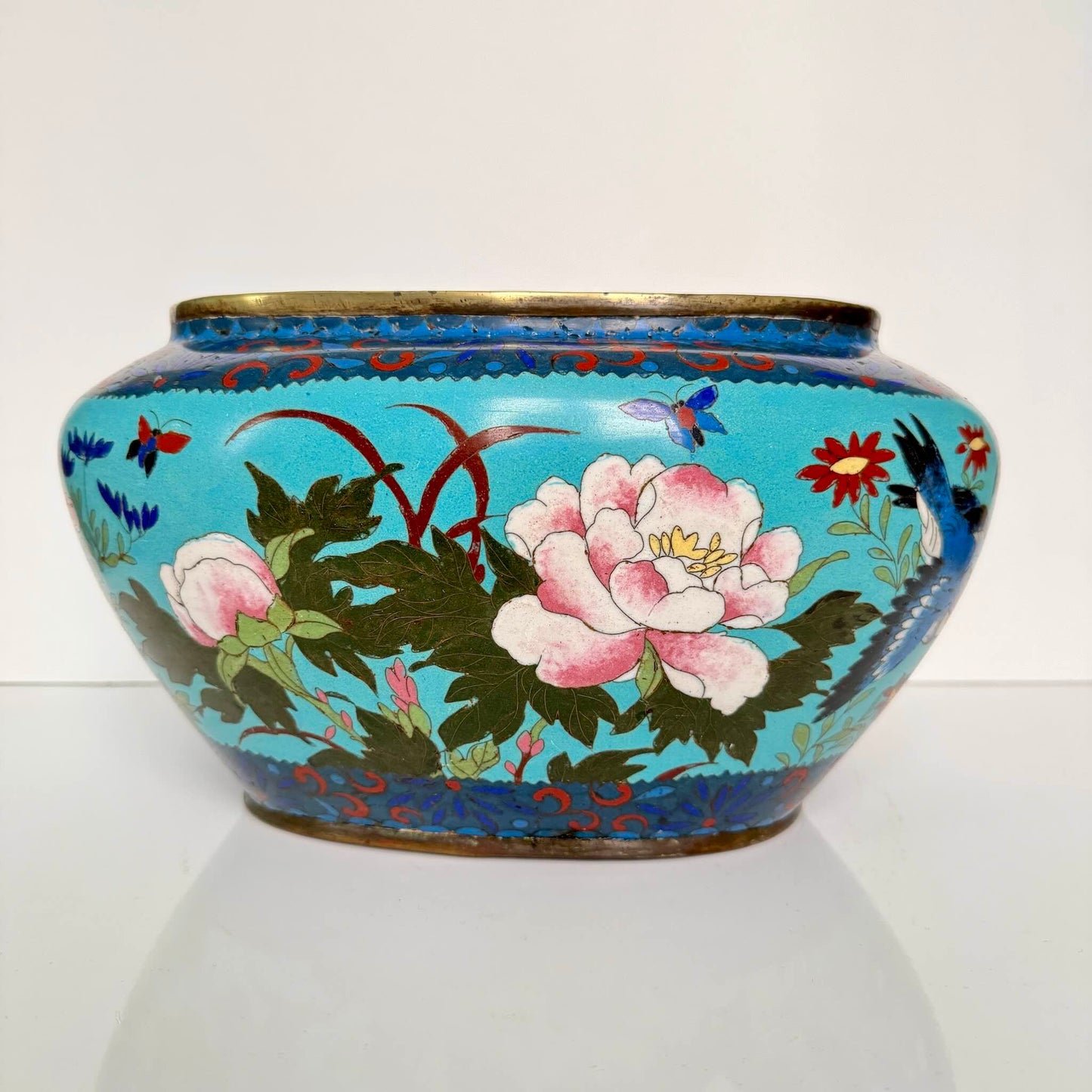 Antique Chinese Cloisonné Enamel Jardinière – Turquoise, Birds & Butterflies