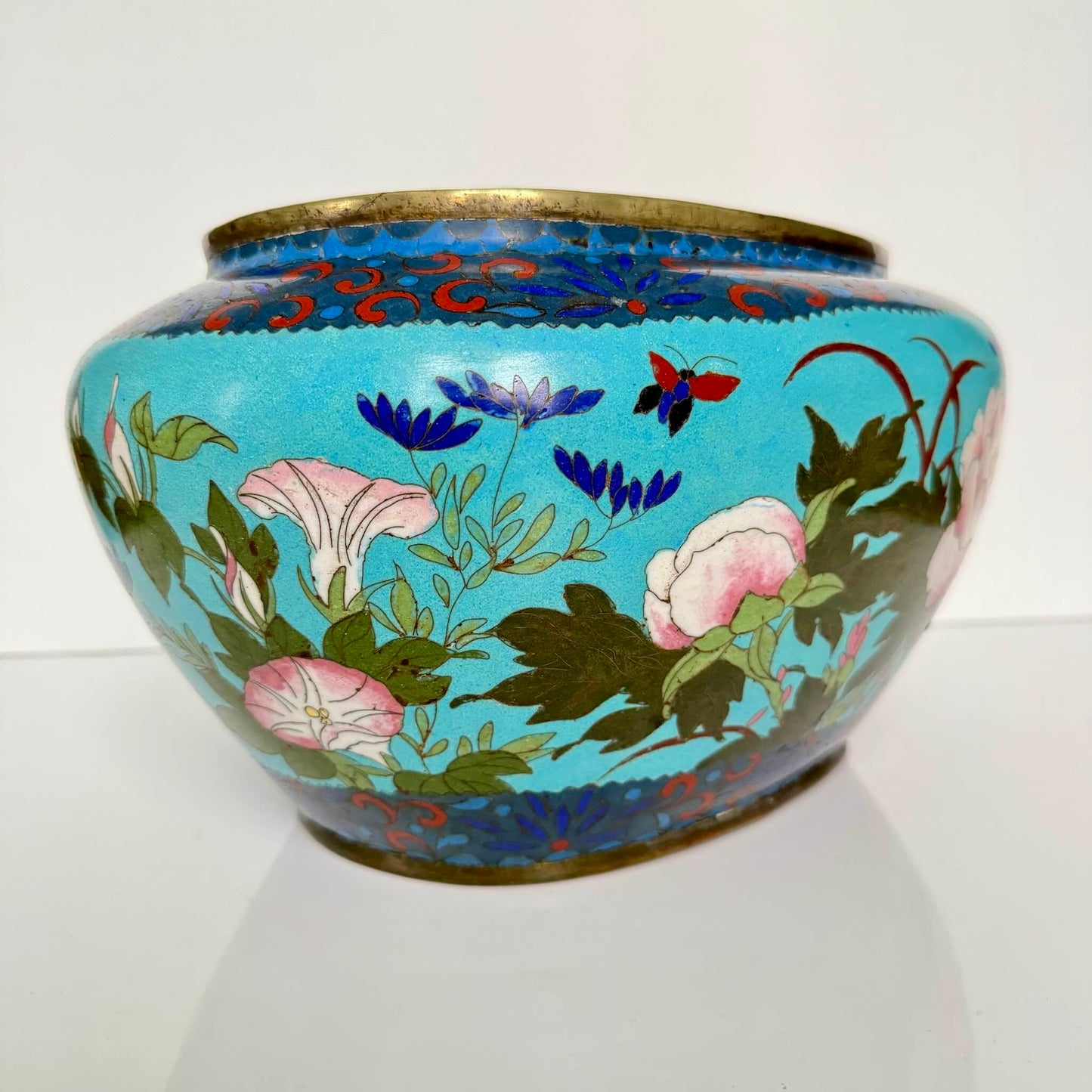 Antique Chinese Cloisonné Enamel Jardinière – Turquoise, Birds & Butterflies