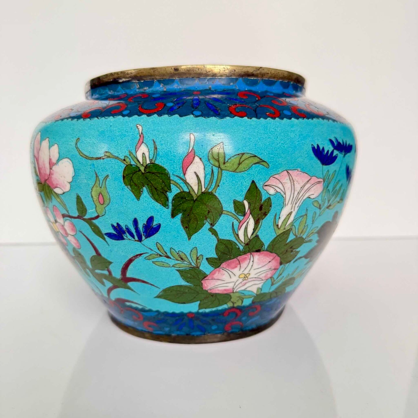 Antique Chinese Cloisonné Enamel Jardinière – Turquoise, Birds & Butterflies