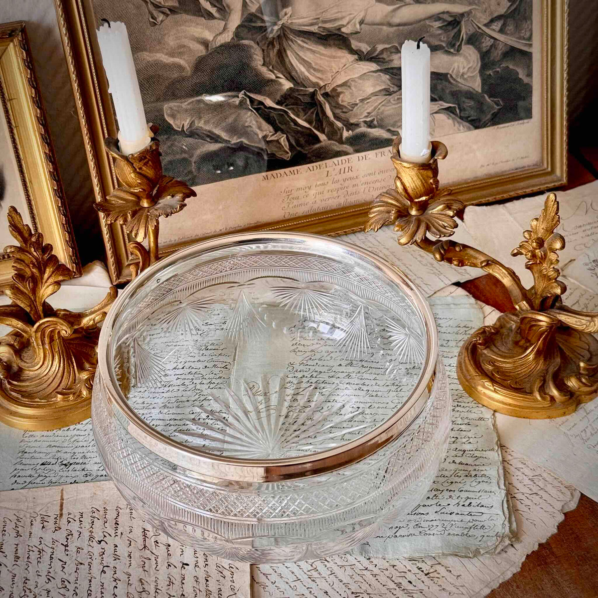 Antique French cut crystal fruit bowl with 950 solid silver mount, early 20th century.