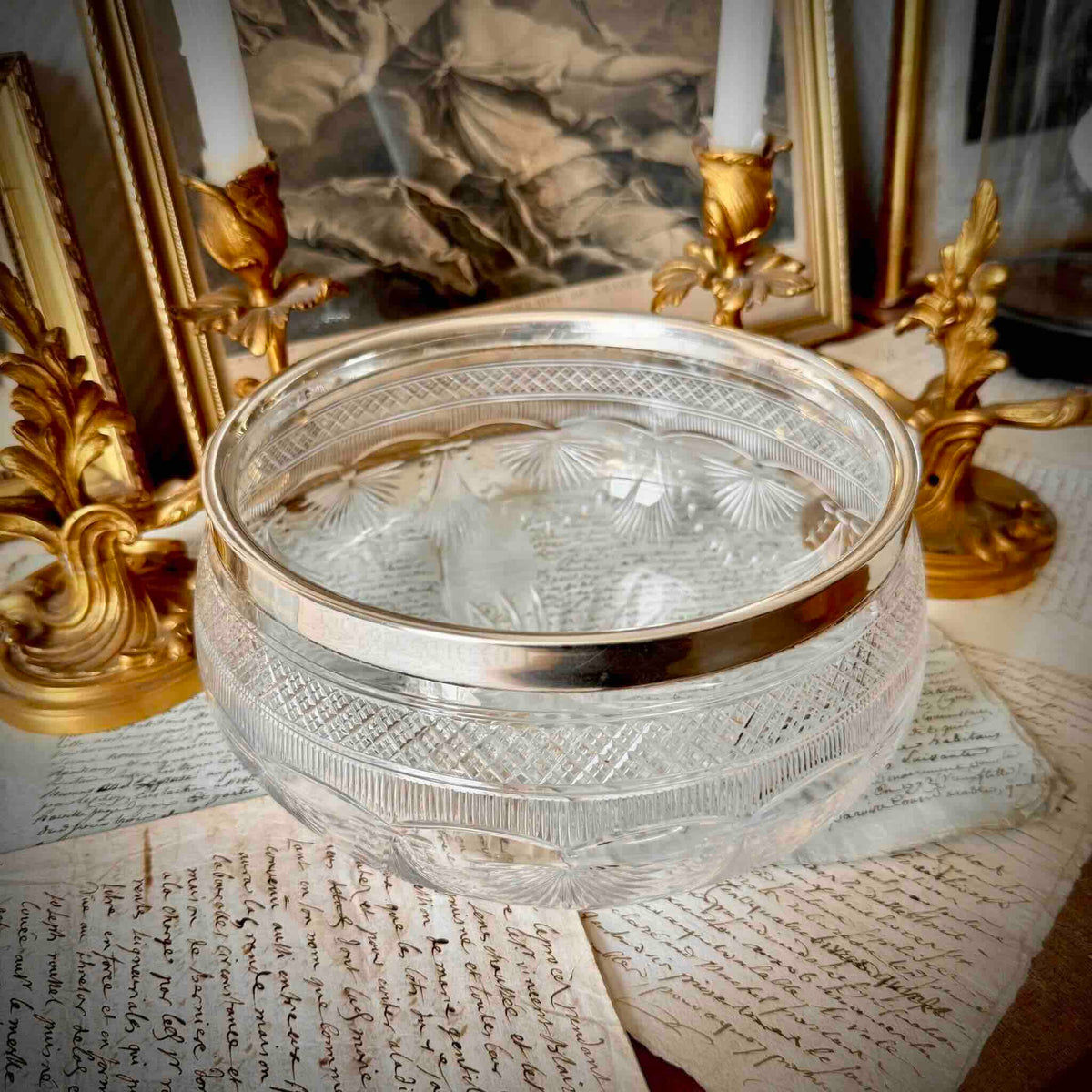 Antique French cut crystal fruit bowl with 950 solid silver mount, early 20th century.