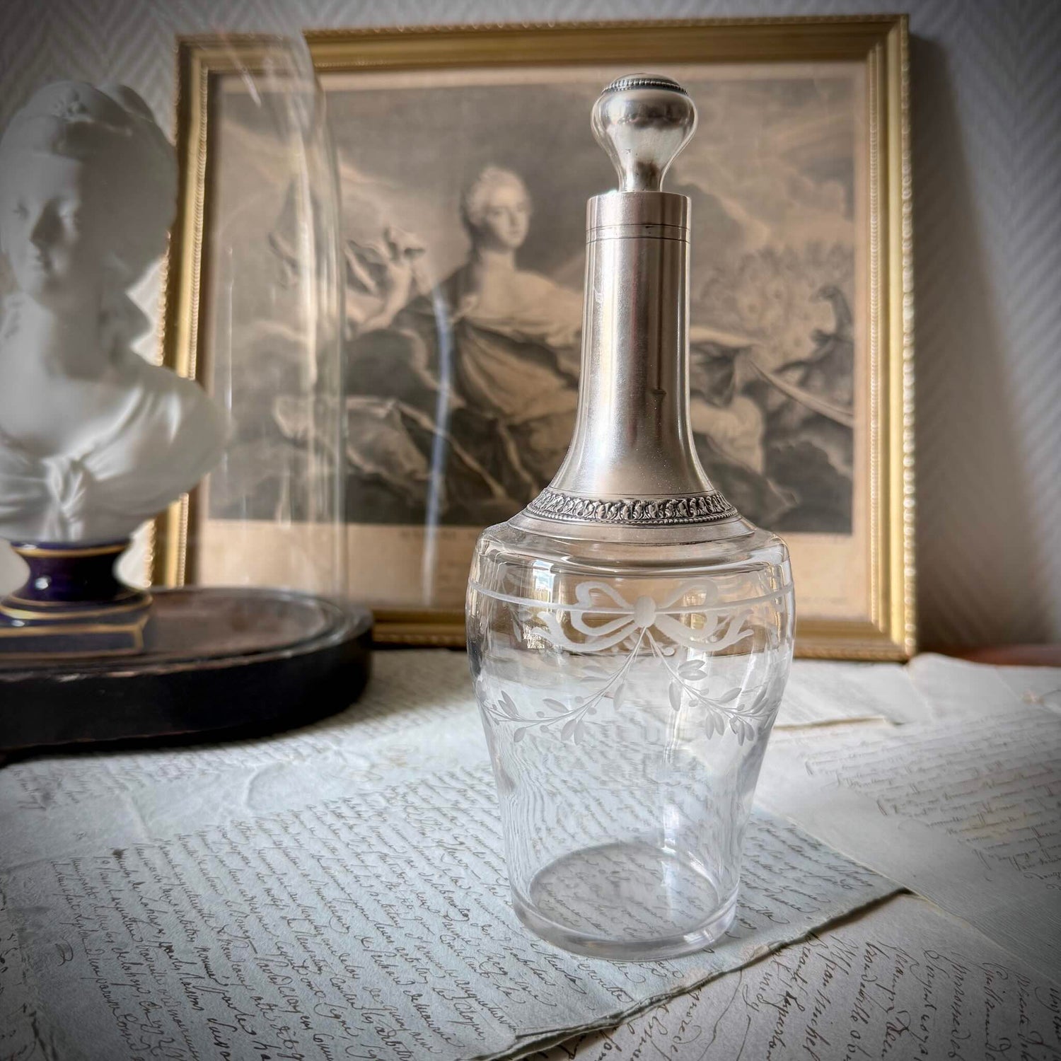 Antique French solid silver and crystal decanter, engraved ribbons and garlands, Minerva 950 hallmark, late 19th century.