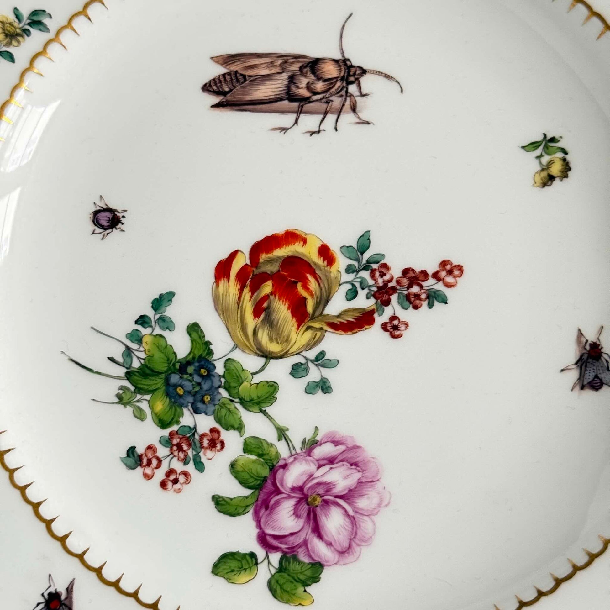 Antique KPM Berlin hand-painted porcelain soup plate featuring a floral bouquet, insects, and rich gold detailing, late 19th century.