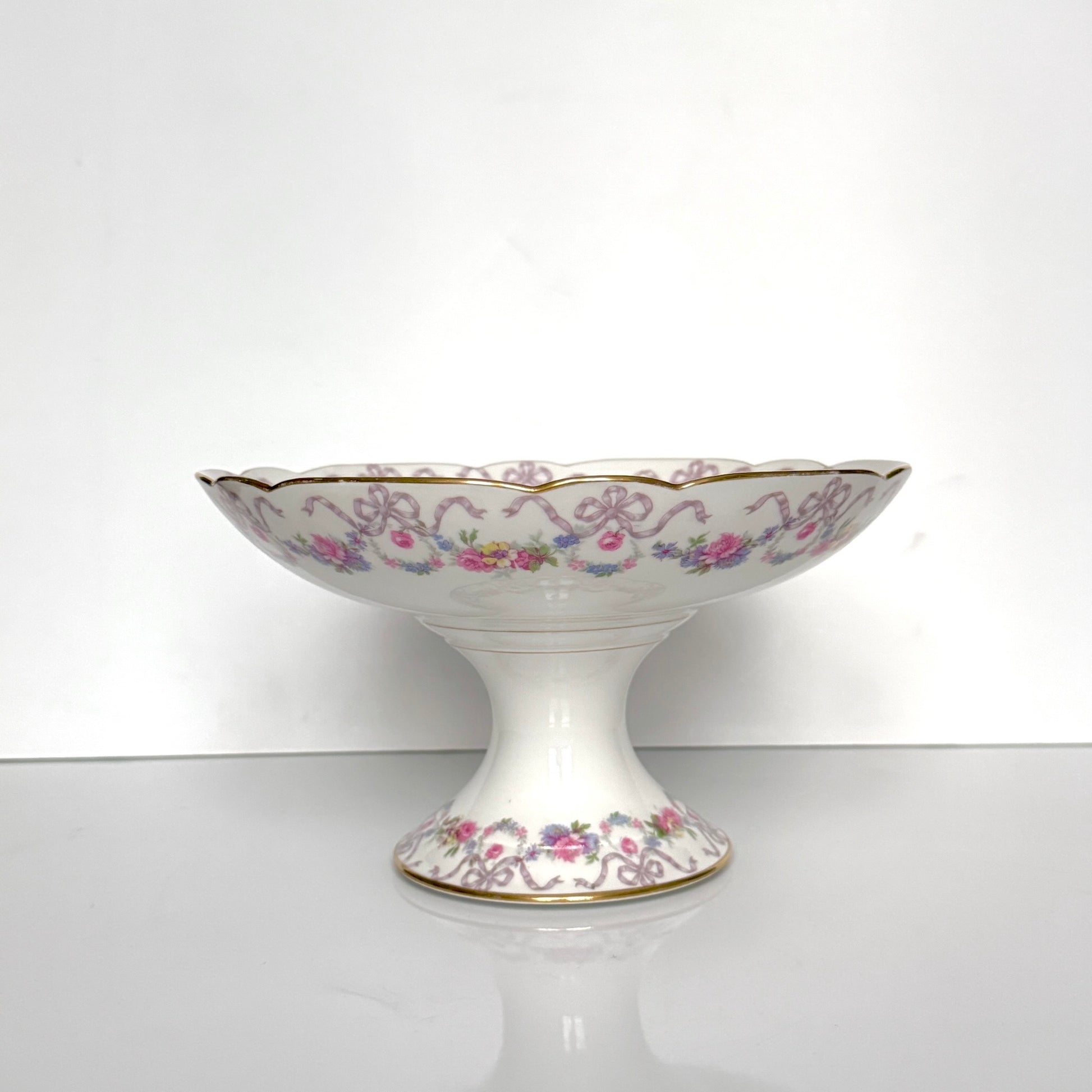 Antique Limoges porcelain footed compote fruit bowl, floral garlands and ribbons, D&C Vieux Bernardaud, late 19th century France.