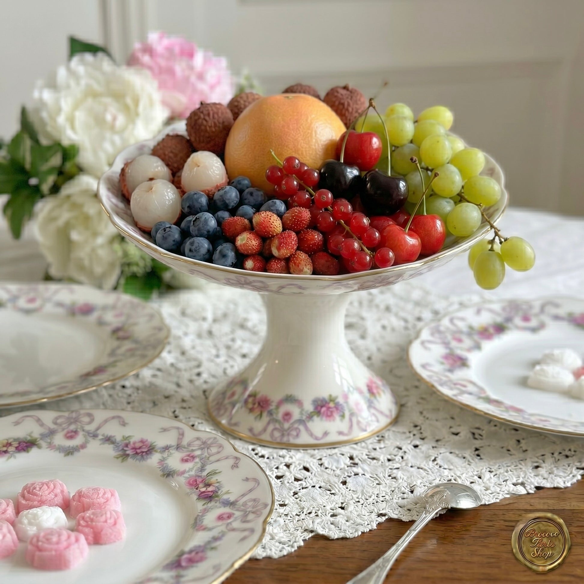 Antique Limoges porcelain footed compote fruit bowl, floral garlands and ribbons, D&C Vieux Bernardaud, late 19th century France.