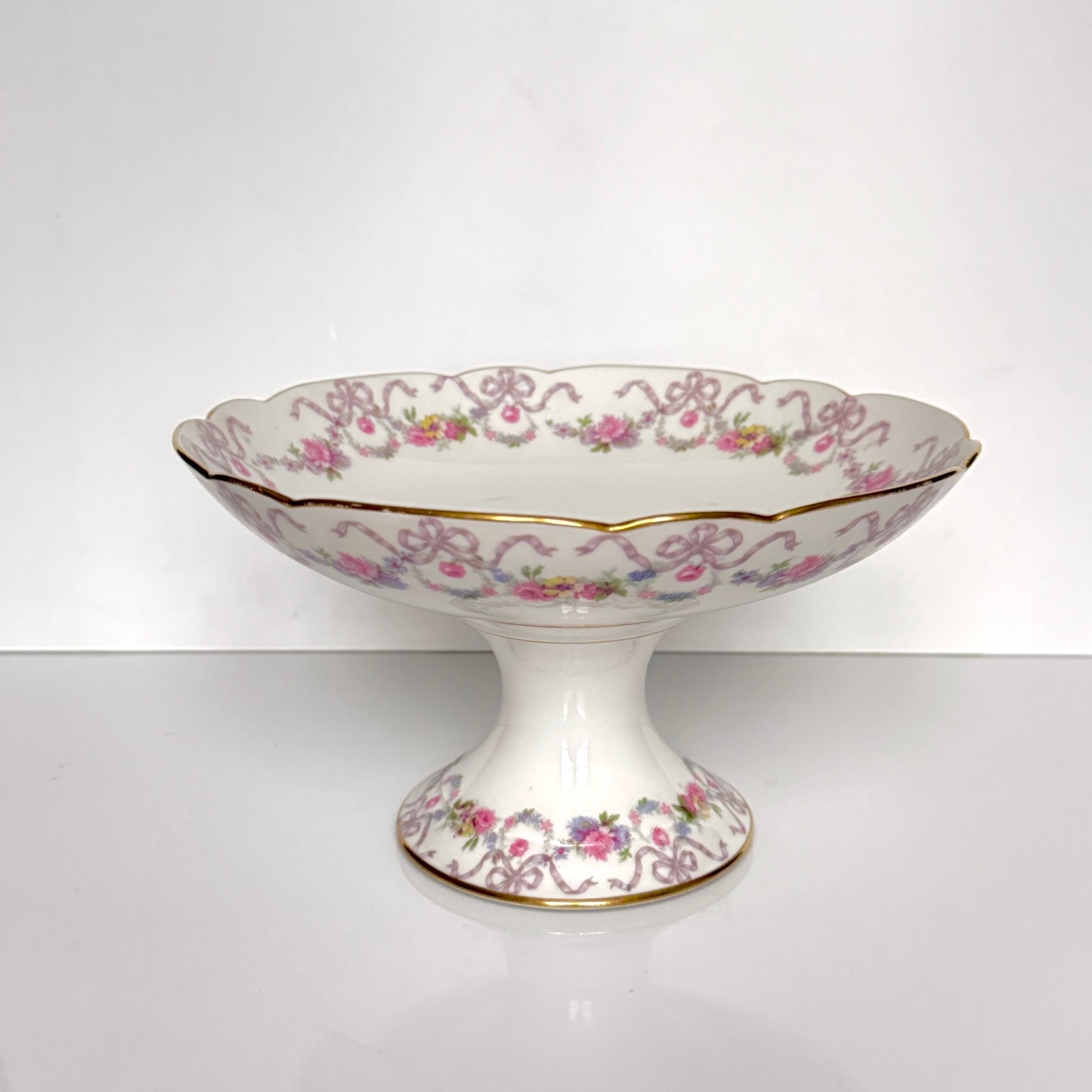 Antique Limoges porcelain footed compote fruit bowl, floral garlands and ribbons, D&C Vieux Bernardaud, late 19th century France.