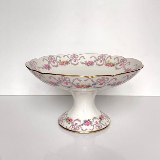 Antique Limoges porcelain footed compote fruit bowl, floral garlands and ribbons, D&C Vieux Bernardaud, late 19th century France.
