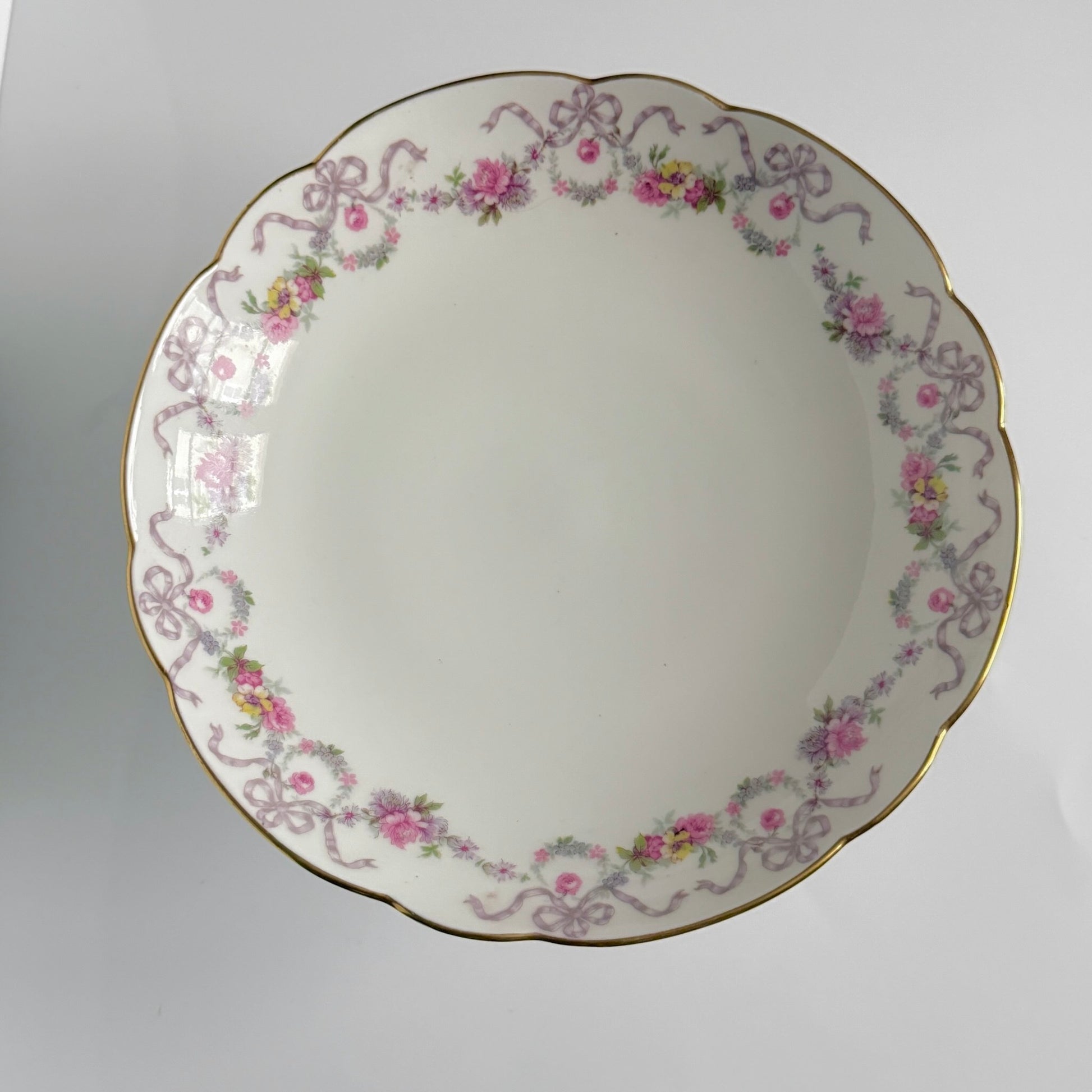 Antique Limoges porcelain footed compote fruit bowl, floral garlands and ribbons, D&C Vieux Bernardaud, late 19th century France.