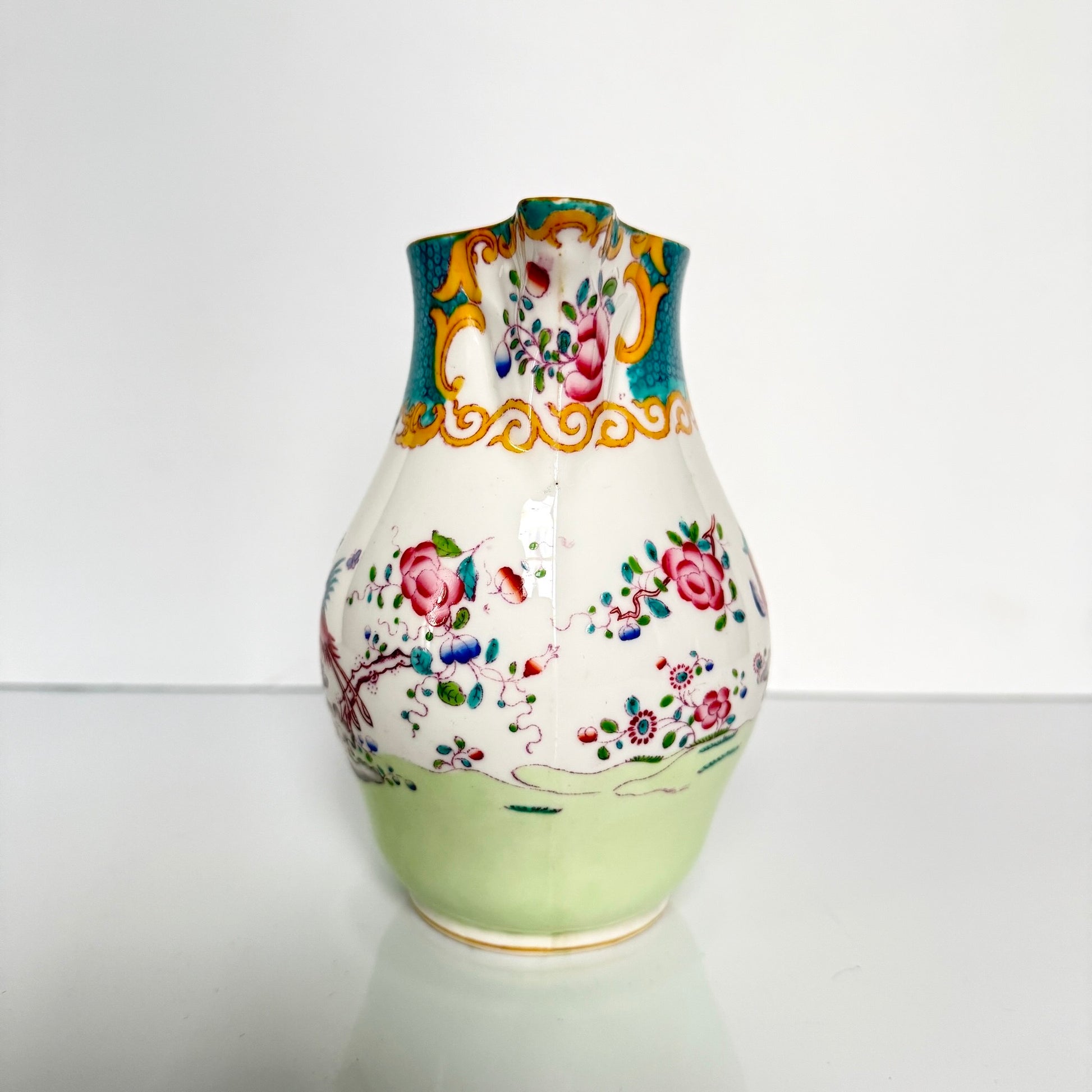 Antique Minton porcelain milk jug, chinoiserie decoration with phoenix and flowers, circa 1880-1890 England.