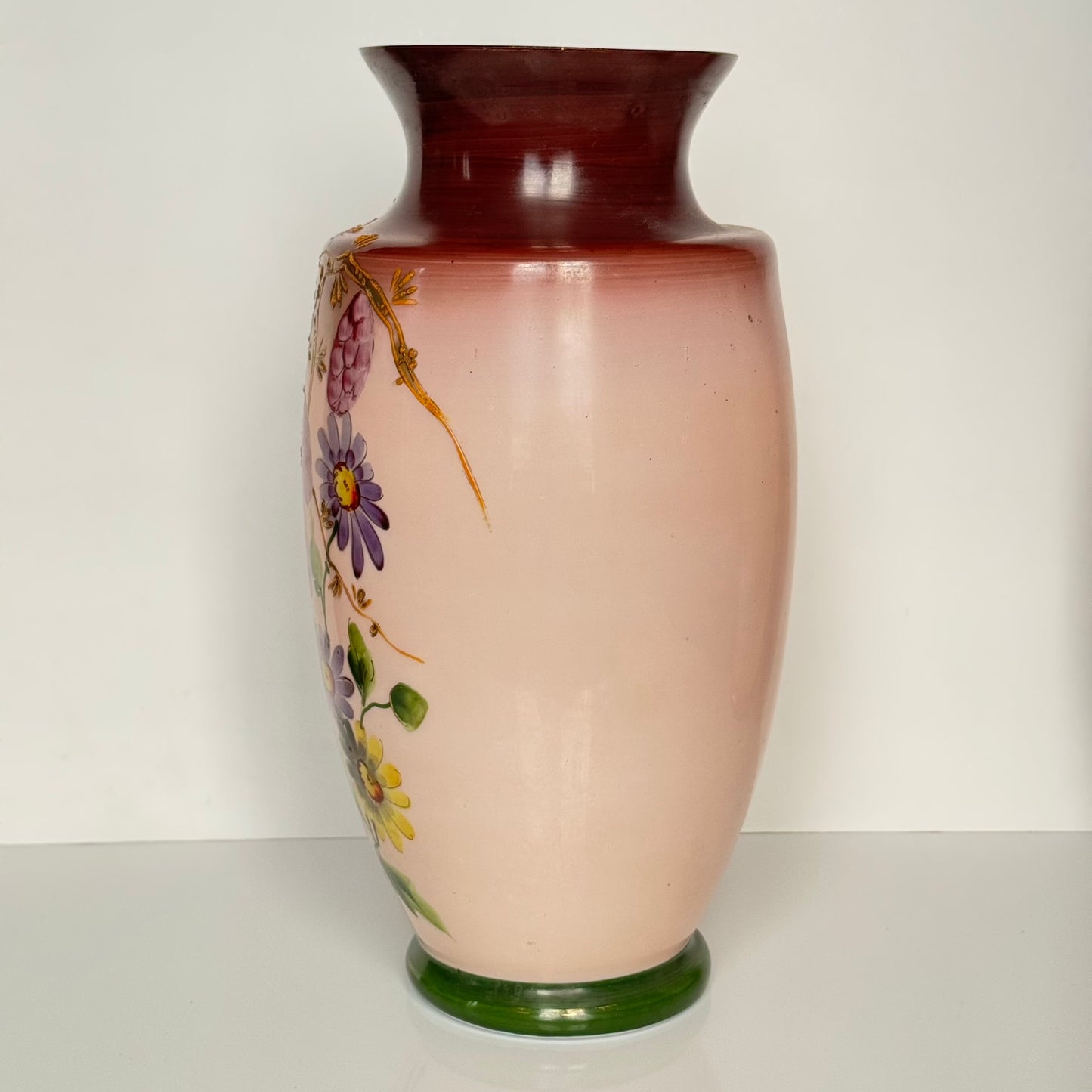 Magnificent Pair of Large Antique French Opaline Glass Vases | Hand-Painted Flowers & Gold | 19th Century