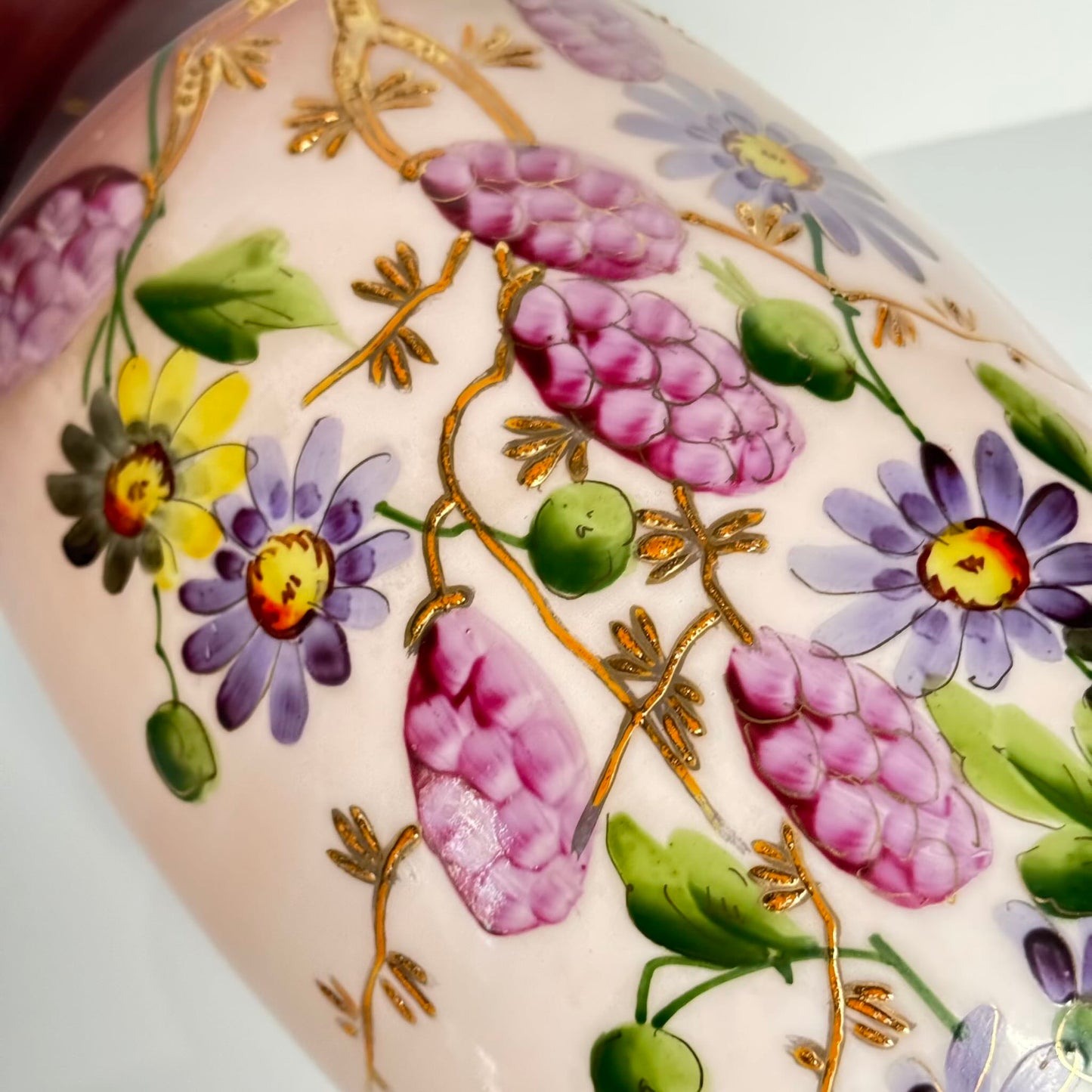 Magnificent Pair of Large Antique French Opaline Glass Vases | Hand-Painted Flowers & Gold | 19th Century