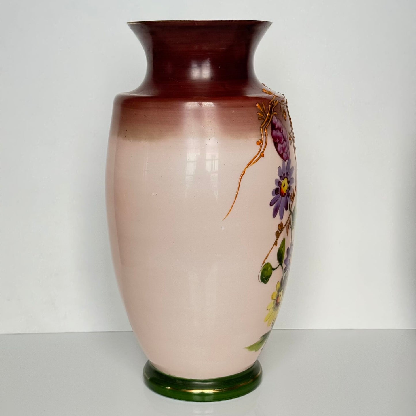 Magnificent Pair of Large Antique French Opaline Glass Vases | Hand-Painted Flowers & Gold | 19th Century