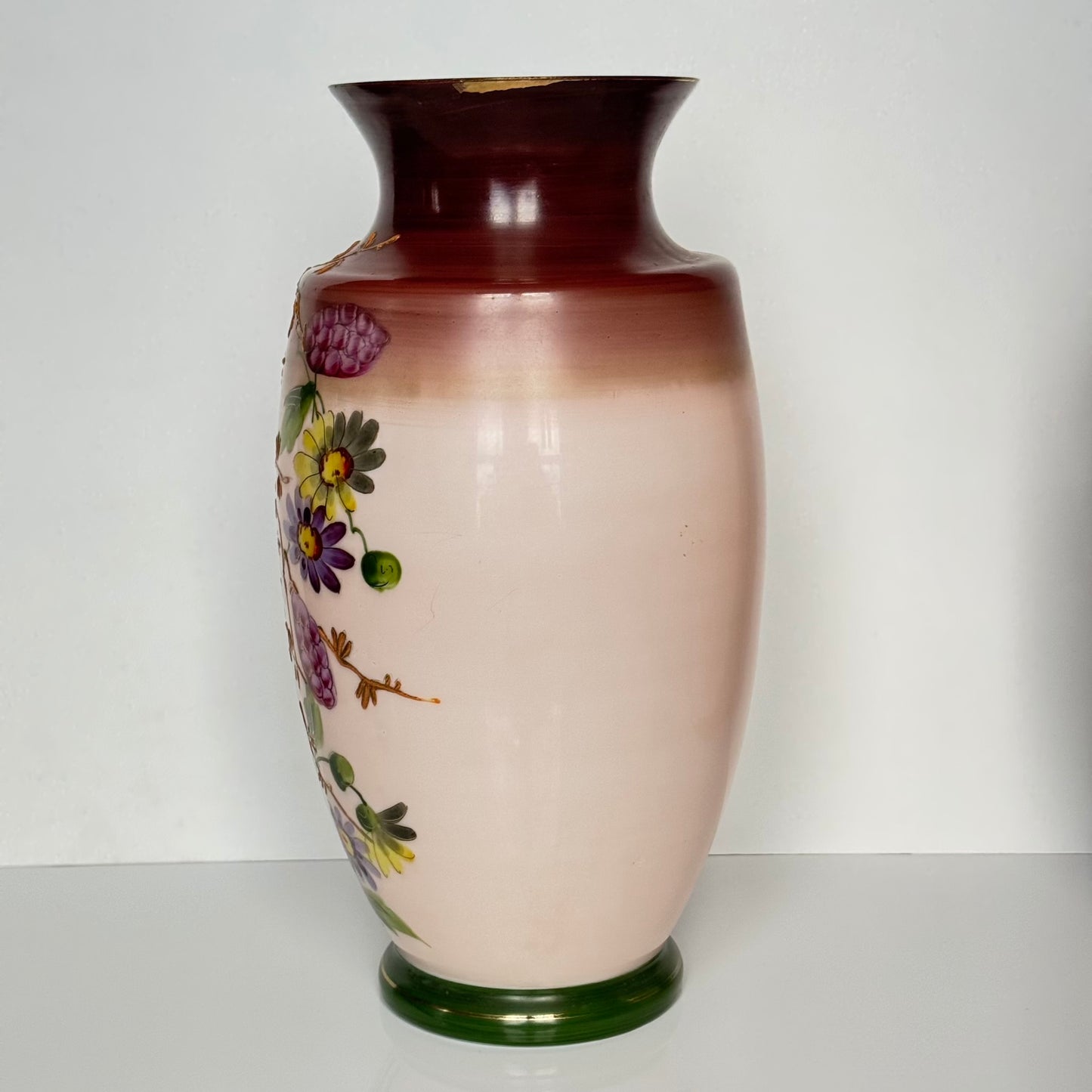 Magnificent Pair of Large Antique French Opaline Glass Vases | Hand-Painted Flowers & Gold | 19th Century