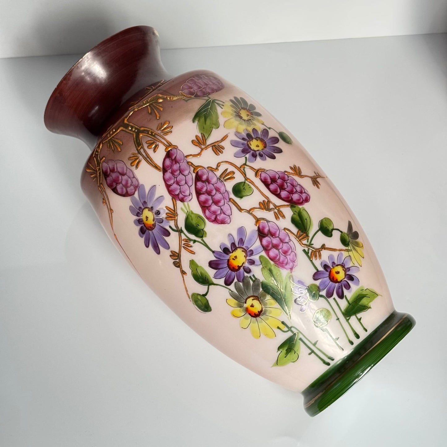 Magnificent Pair of Large Antique French Opaline Glass Vases | Hand-Painted Flowers & Gold | 19th Century