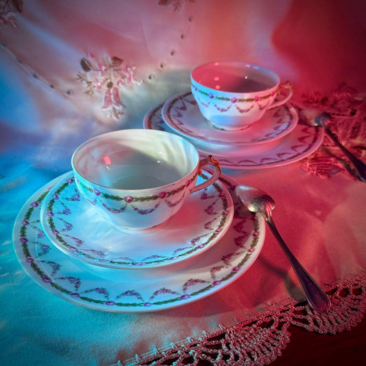 Set of 2 Antique Tea Cups with Saucers | Bernardaud / Delinières Transition | Rose Garland Motif | Circa 1900