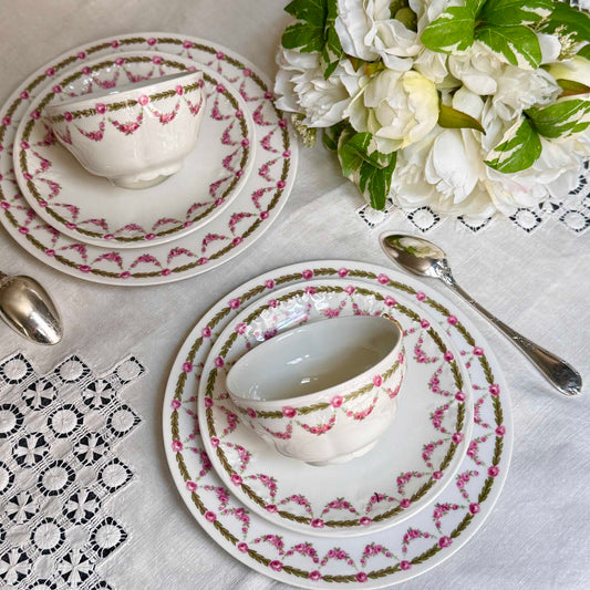 Antique Trio Set | Tea Cup, Saucer & Dessert Plate | Bernardaud / Delinières Transition | Rose Garland Motif | Circa 1900