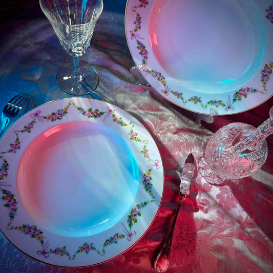 English: Pair of EPIAG Pirkenhammer soup plates with pastel ribbon and floral garland design, Czechoslovakia, Early 20th-Century. ; Français : Paire d’assiettes creuses EPIAG Pirkenhammer avec décor de rubans et guirlandes fleuries, Tchécoslovaquie, Début du XXe siècle. ; 日本語: EPIAGピルケンハンマー製スープ皿2枚セット、リボンと花のガーランド柄、20世紀初頭、チェコスロバキア製。