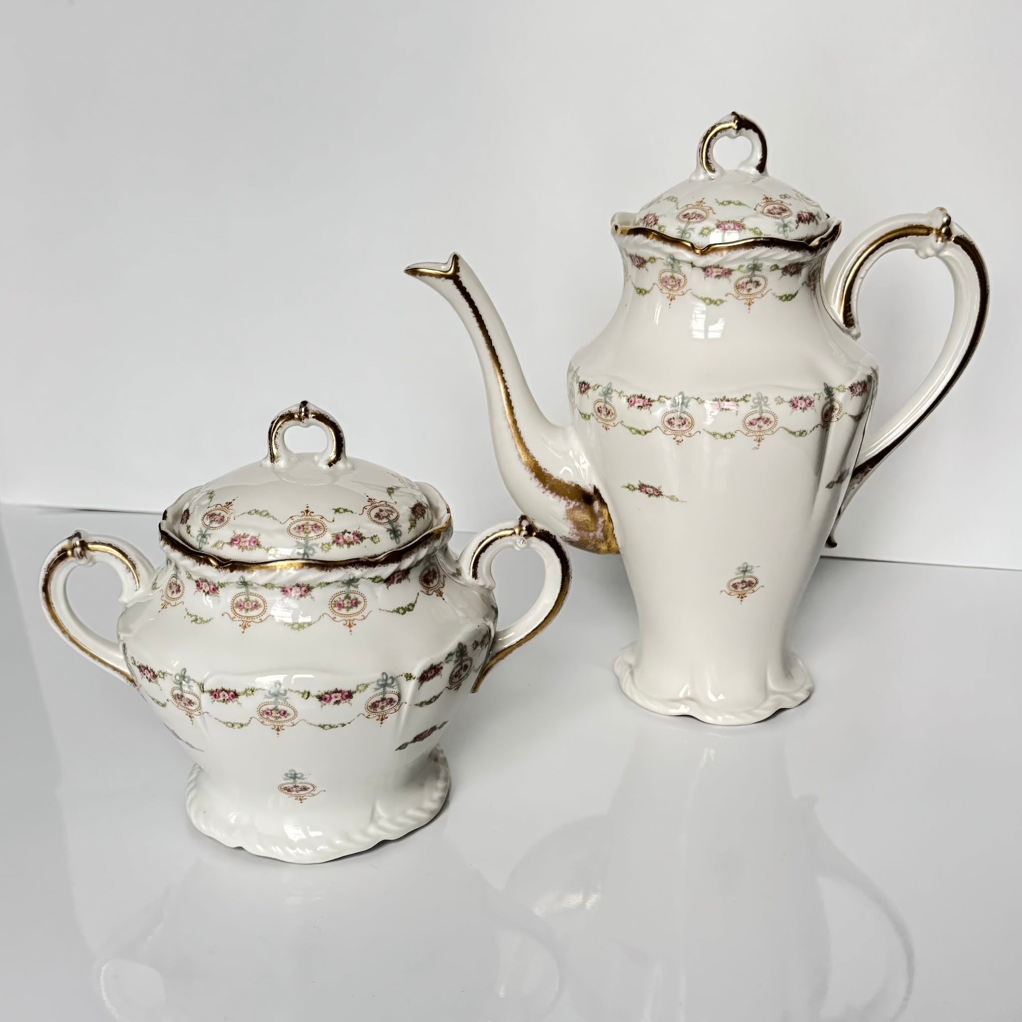 Limoges Porcelain Tea/Coffee Pot and Sugar Pot | Floral and Ribbon