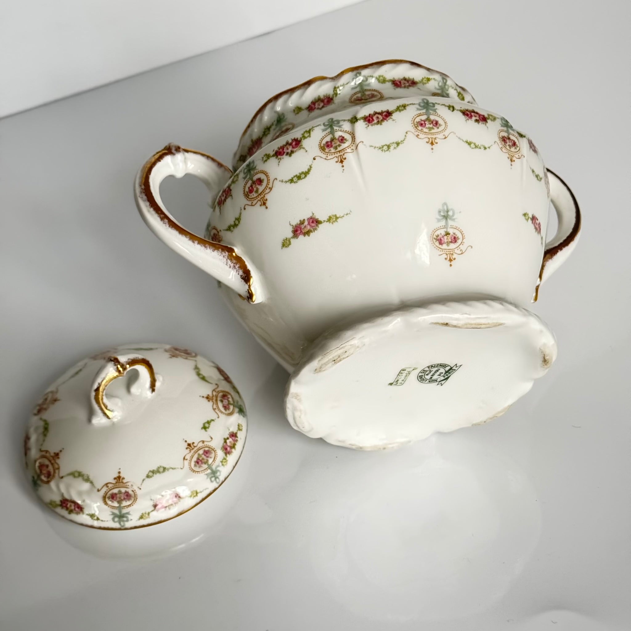 Limoges Porcelain Tea/Coffee Pot and Sugar Pot | Floral and Ribbon