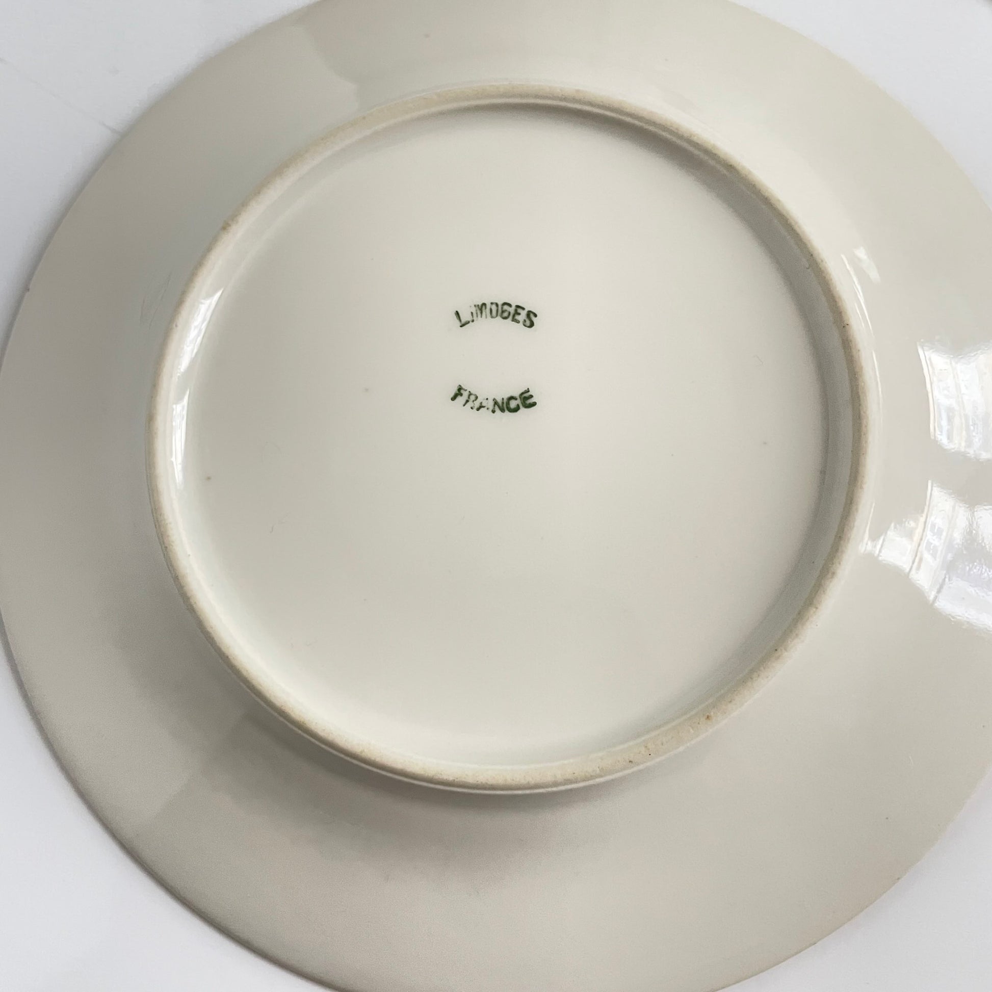 Pair of antique French Limoges porcelain dessert plates, 20th century. Delicate pink rose pattern on the rim, classic and elegant design.