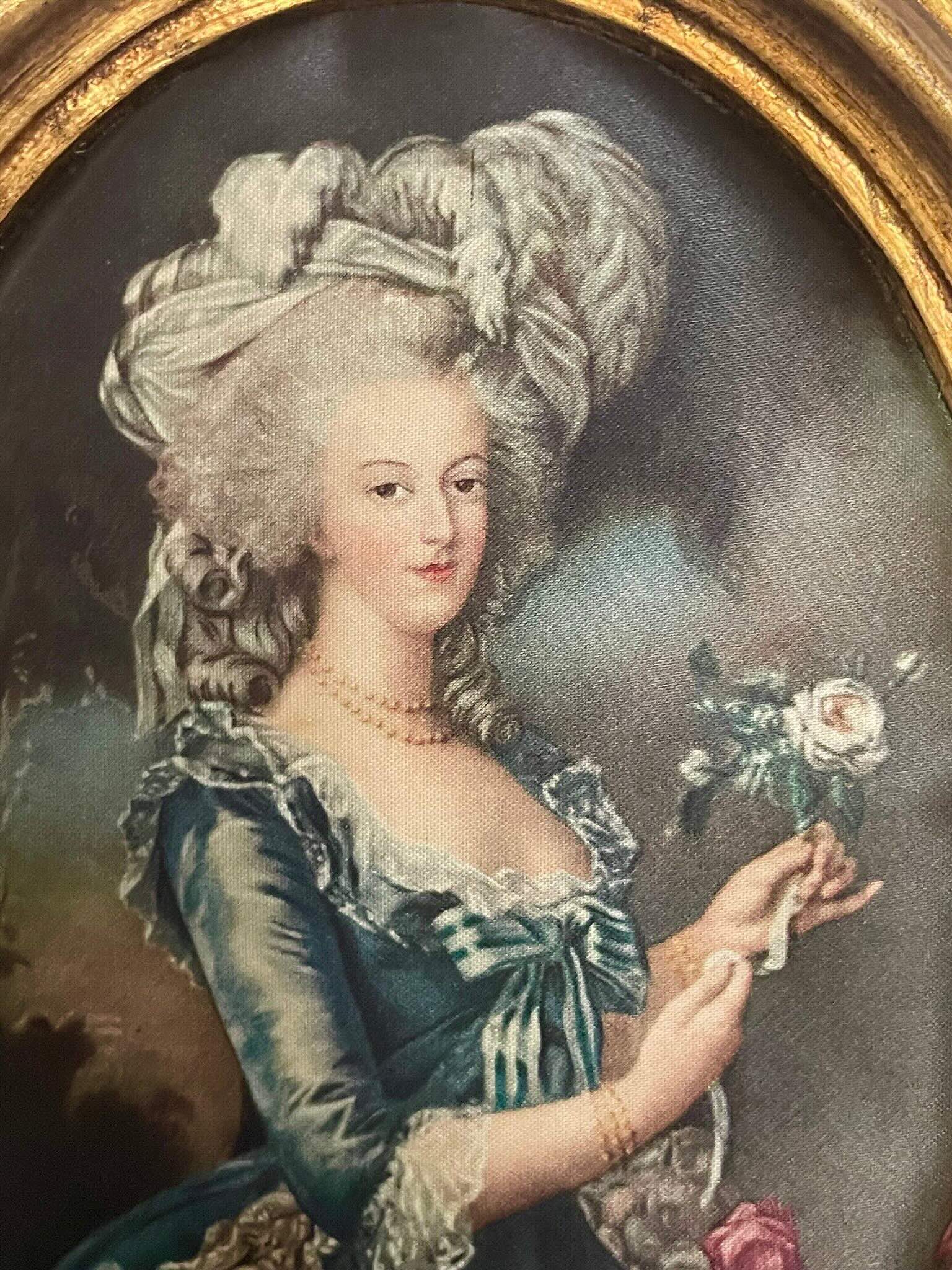 Silk print portrait of Marie Antoinette, inspired by Élisabeth Louise Vigée Le Brun's famous painting, with a rose in hand, framed in gilded wood.
